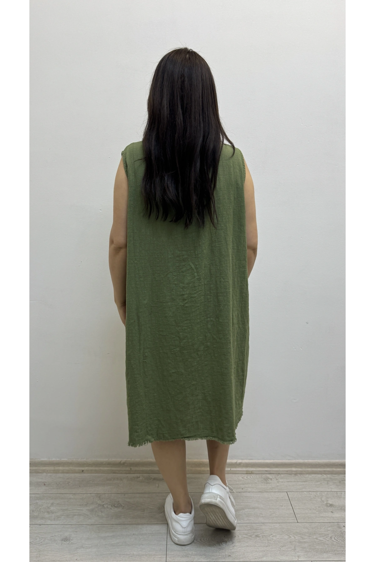 Kalın Askılı Püskül Dikişli Cepli Pamuklu Haki Yeşil Elbise