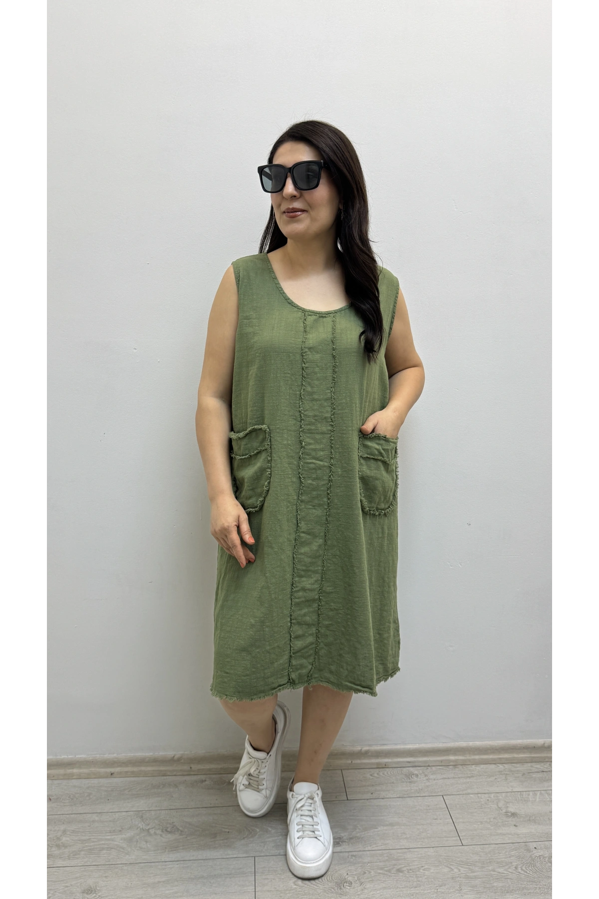 Kalın Askılı Püskül Dikişli Cepli Pamuklu Haki Yeşil Elbise
