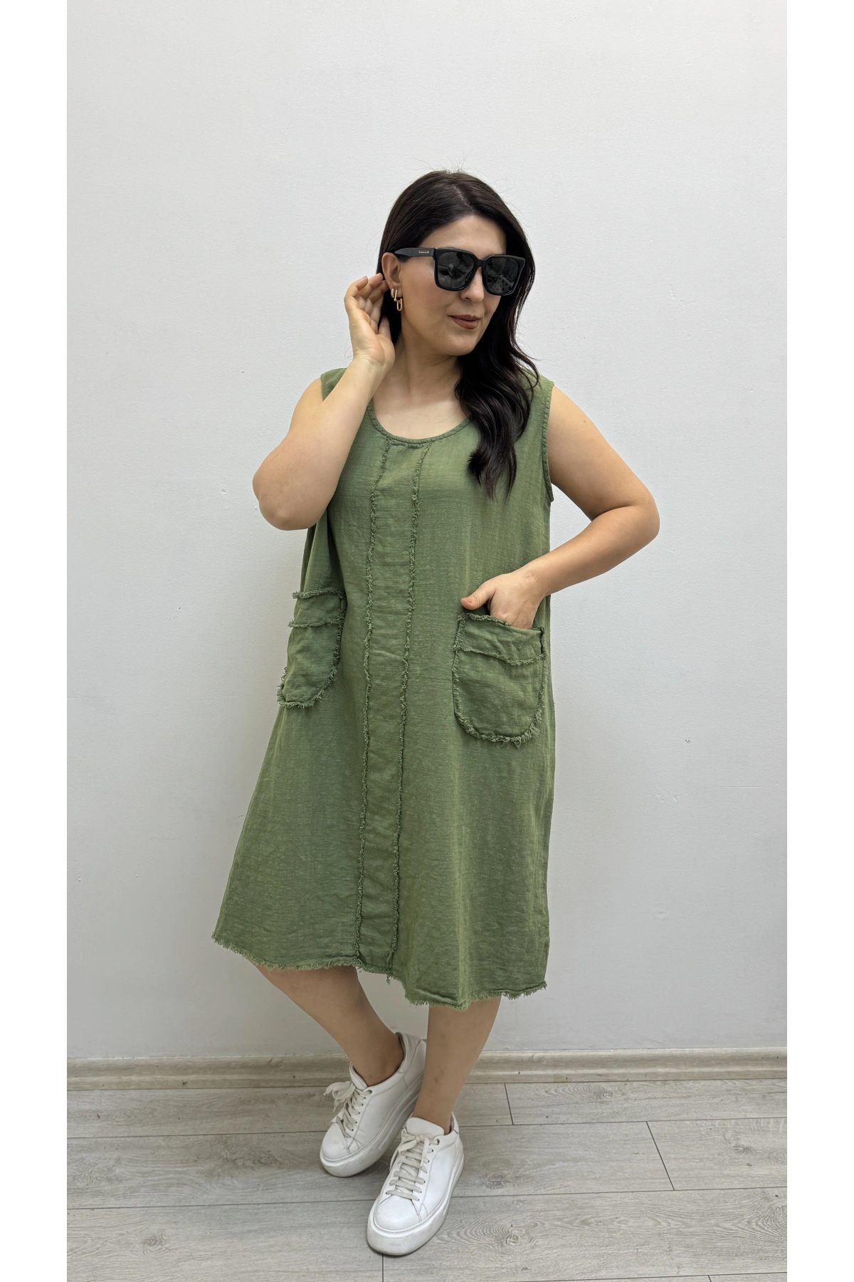 Kalın Askılı Püskül Dikişli Cepli Pamuklu Haki Yeşil Elbise