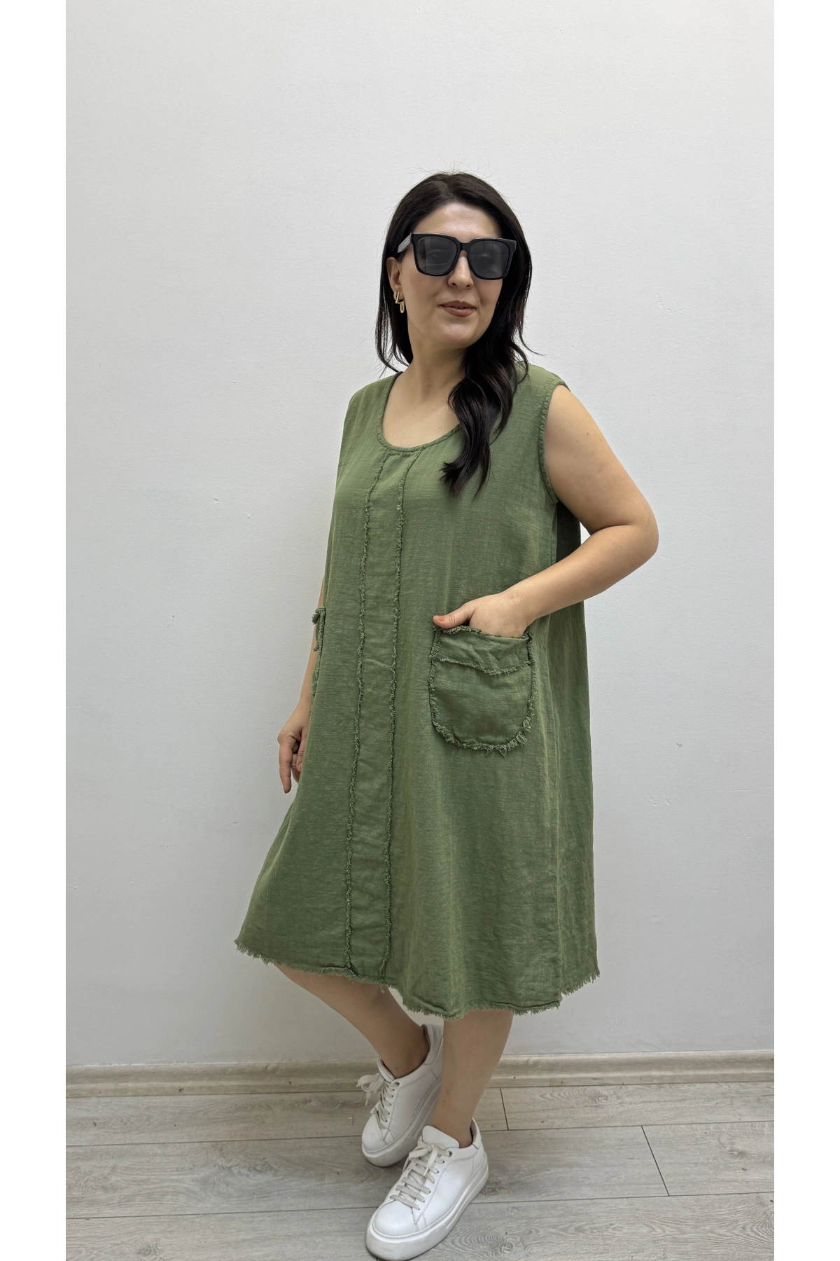 Kalın Askılı Püskül Dikişli Cepli Pamuklu Haki Yeşil Elbise