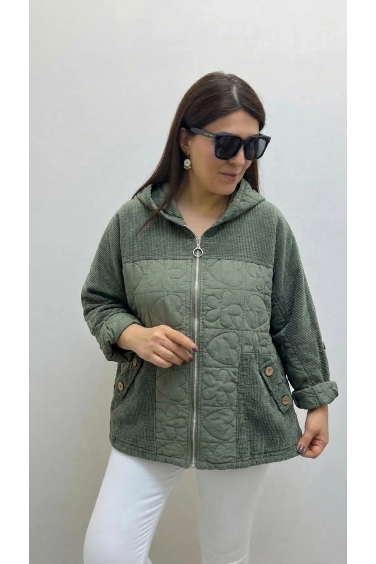 Kapişonlu Kadife Geçişli Fermuarlı İthal Ceket