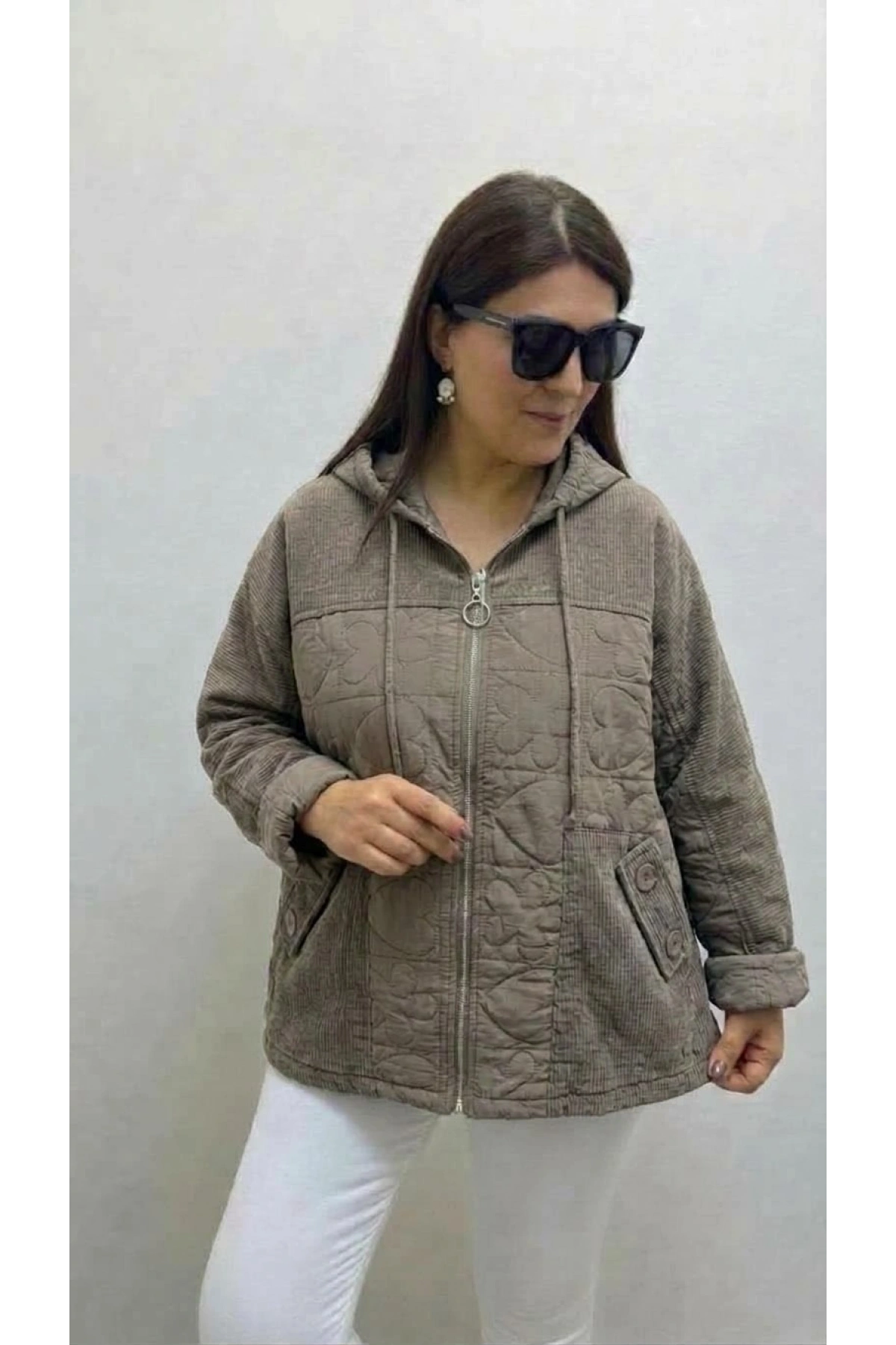 Kapüşonlu Kadife Geçişli Fermuarlı İthal Ceket