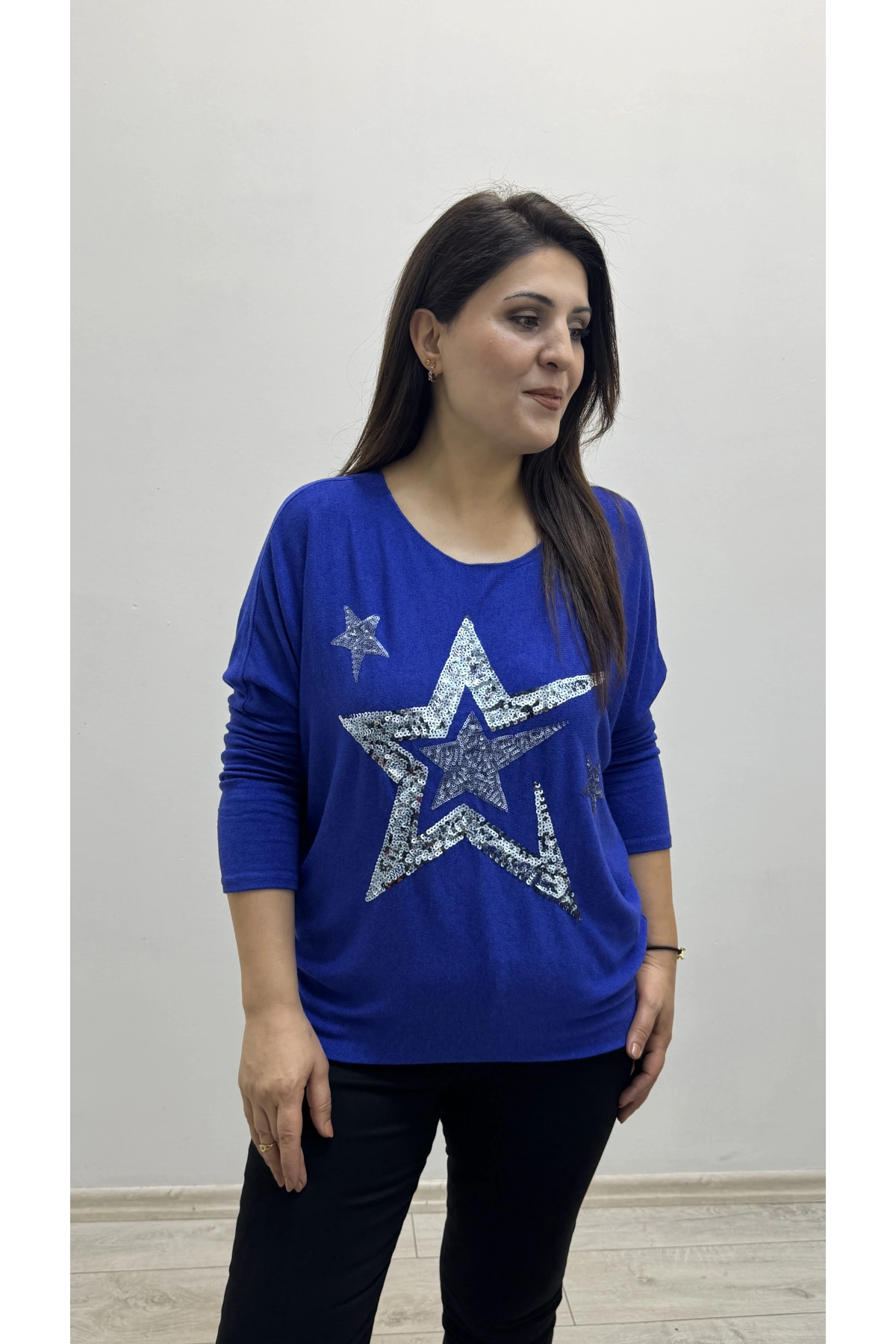 Yıldız Desenli Pul Payet İşlemeli Saks Mavi İthal Bluz
