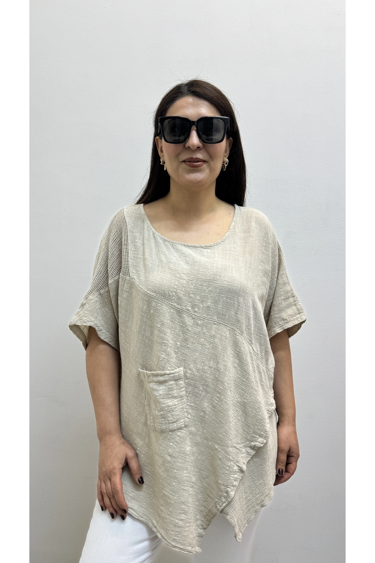 Asimetrik Kesim Bej Rengi Pamuklu Bluz