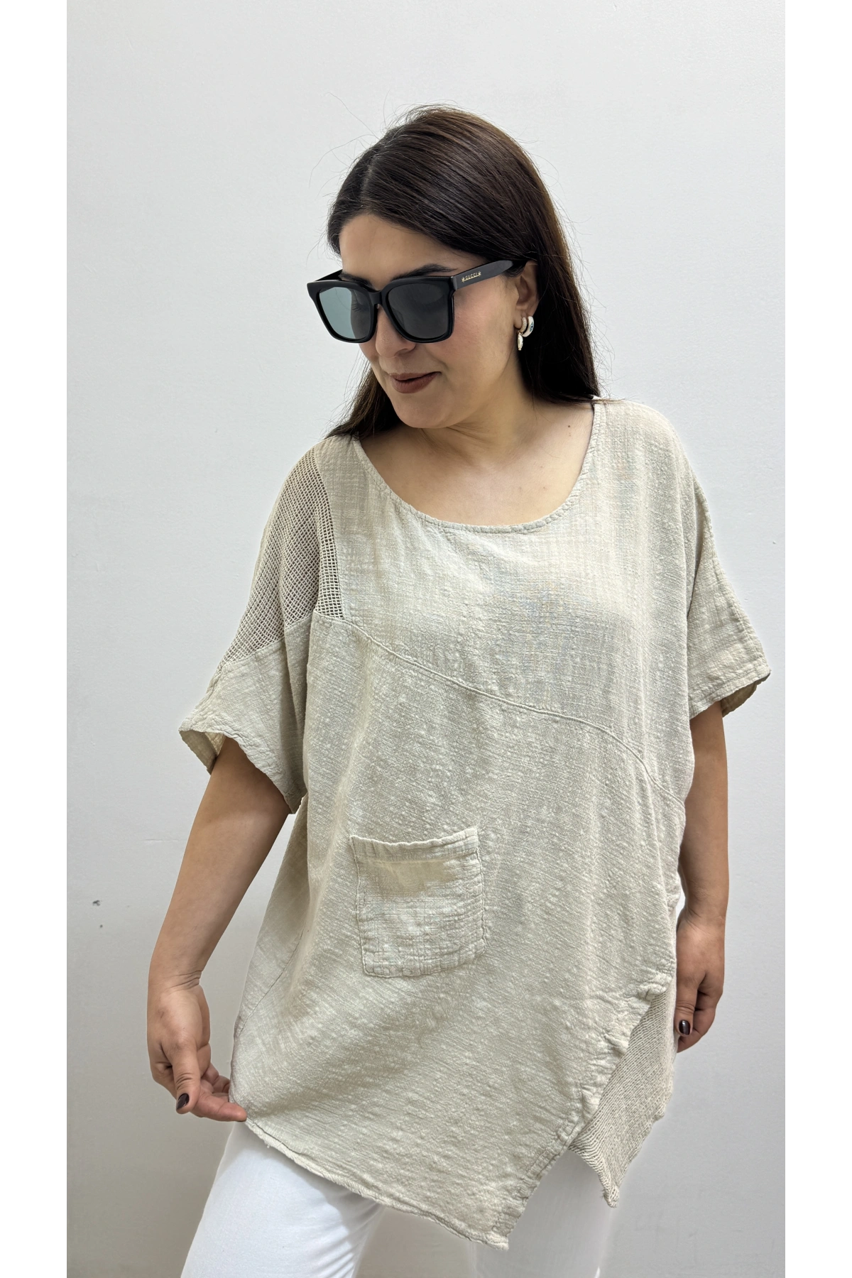 Asimetrik Kesim Bej Rengi Pamuklu Bluz