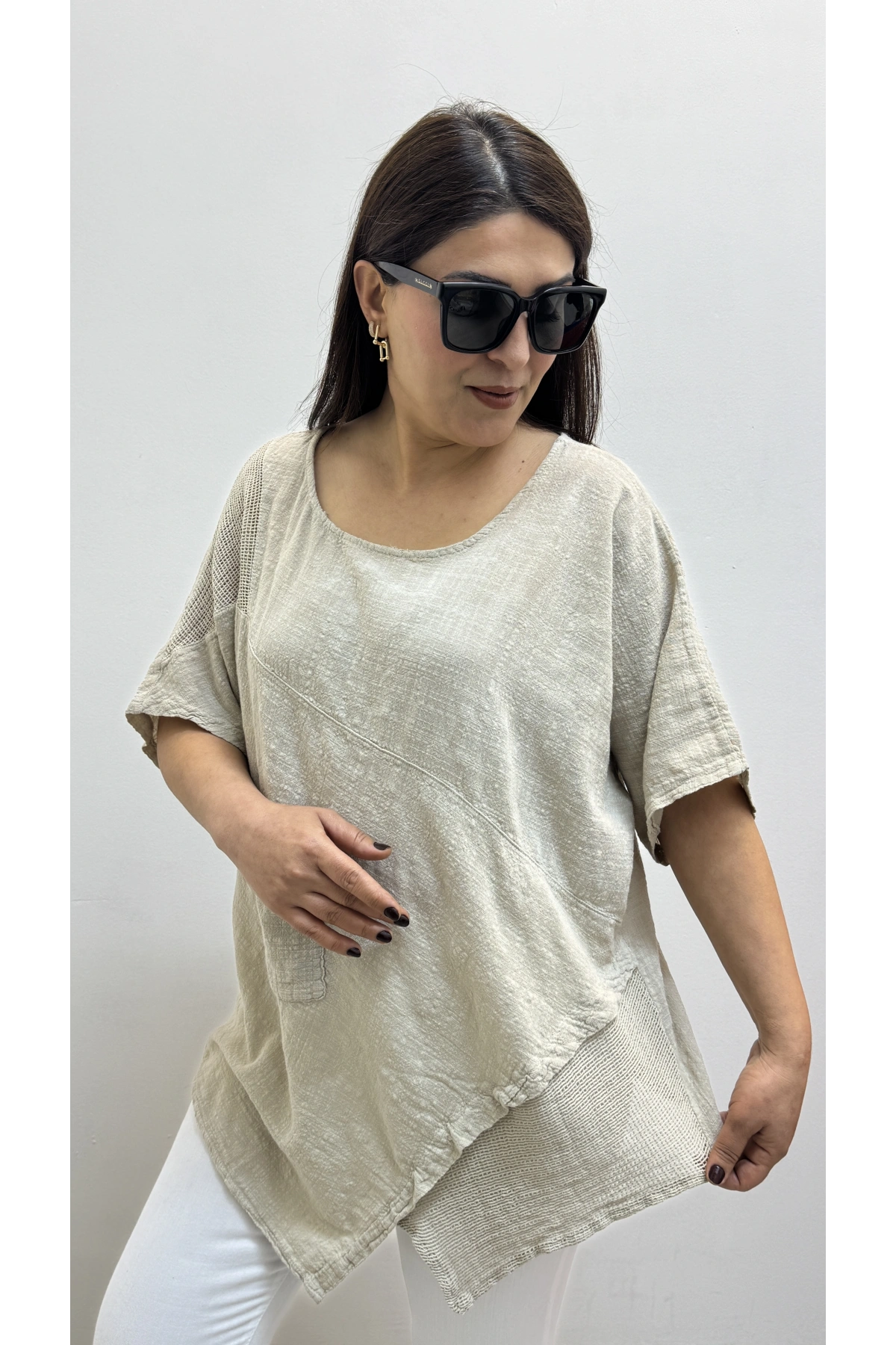 Asimetrik Kesim Bej Rengi Pamuklu Bluz