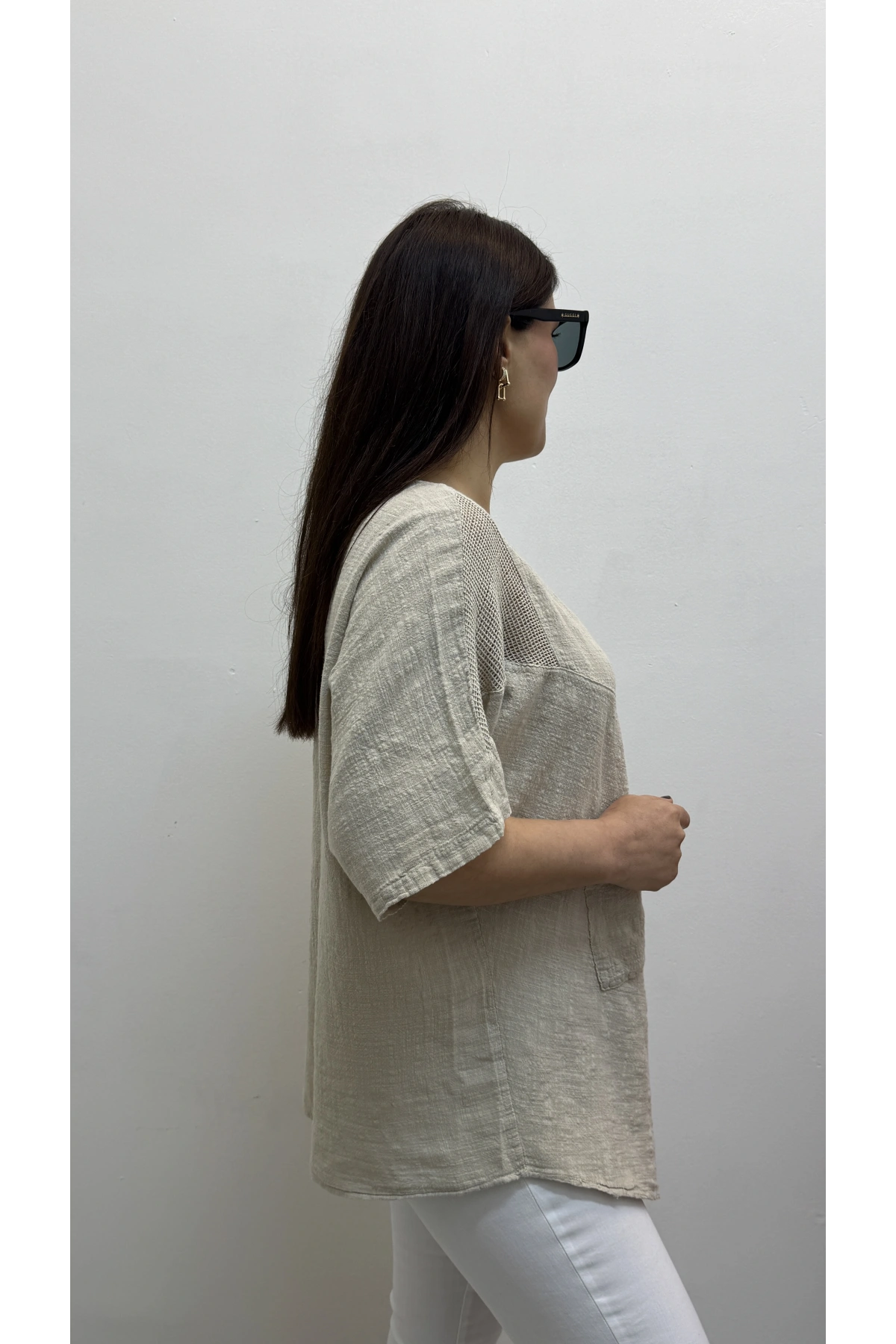 Asimetrik Kesim Bej Rengi Pamuklu Bluz