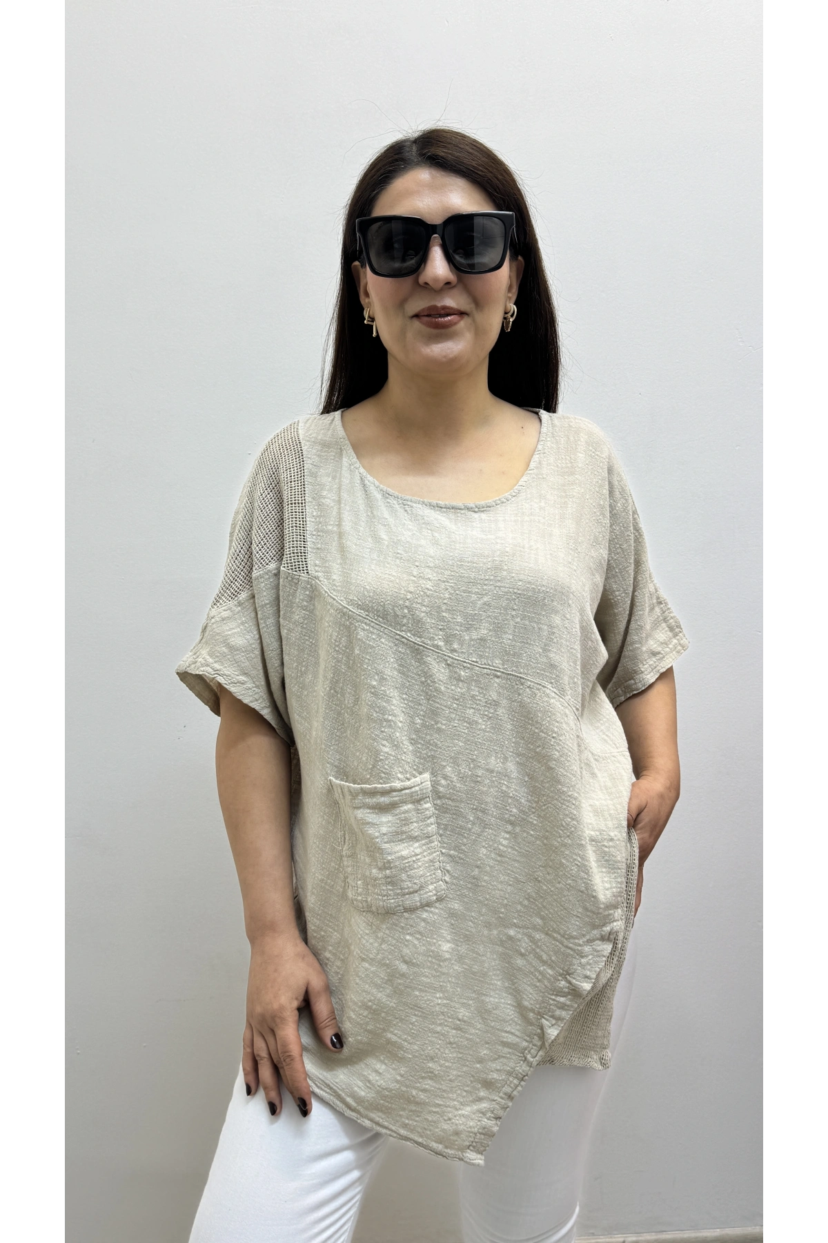 Asimetrik Kesim Bej Rengi Pamuklu Bluz