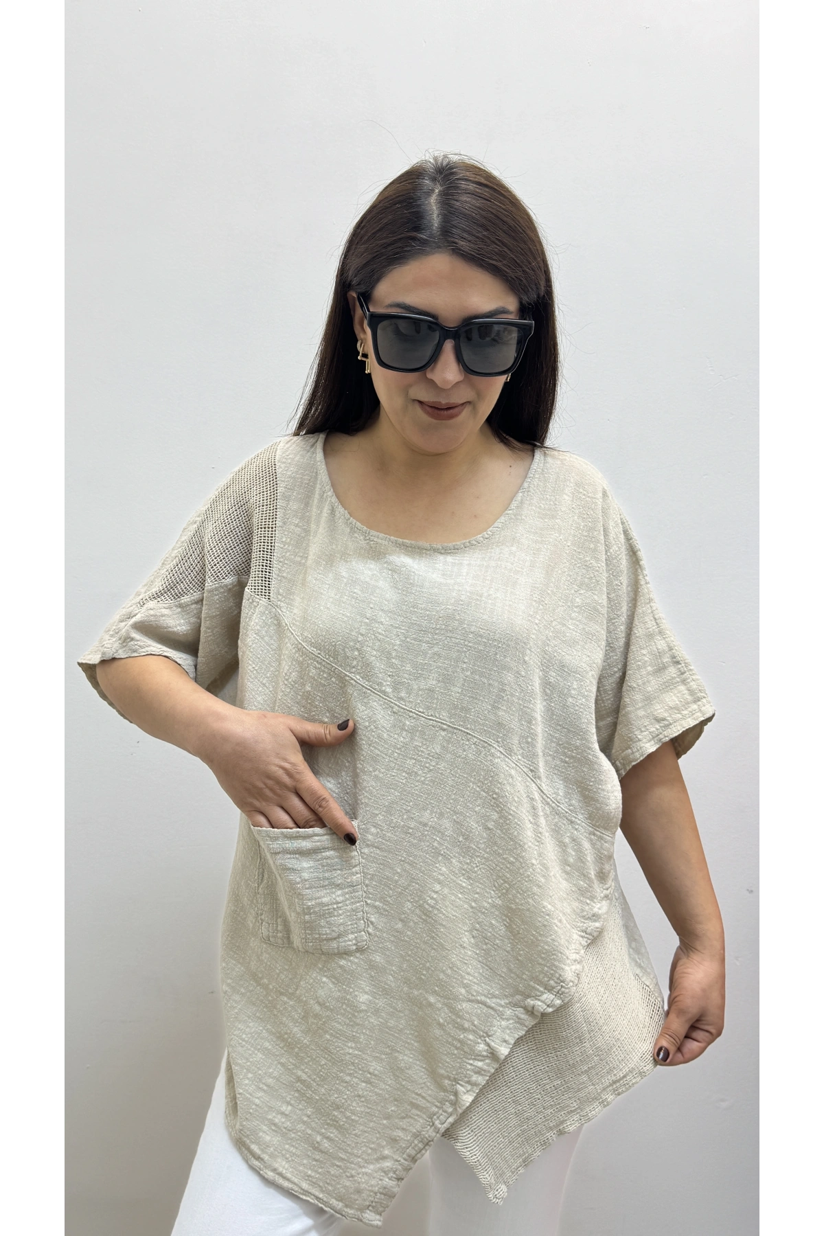 Asimetrik Kesim Bej Rengi Pamuklu Bluz