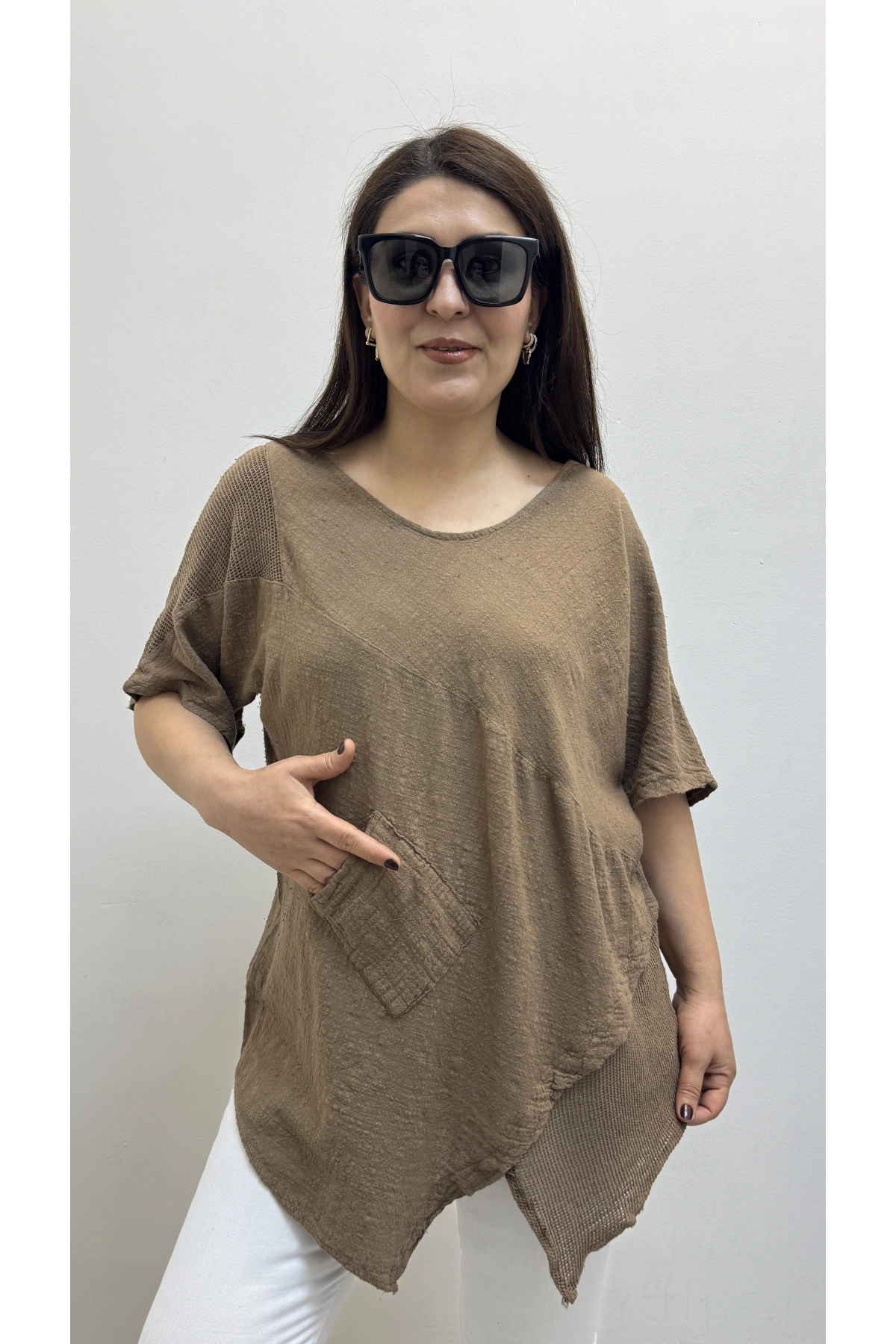 Asimetrik Kesim Kahverengi Pamuklu Bluz