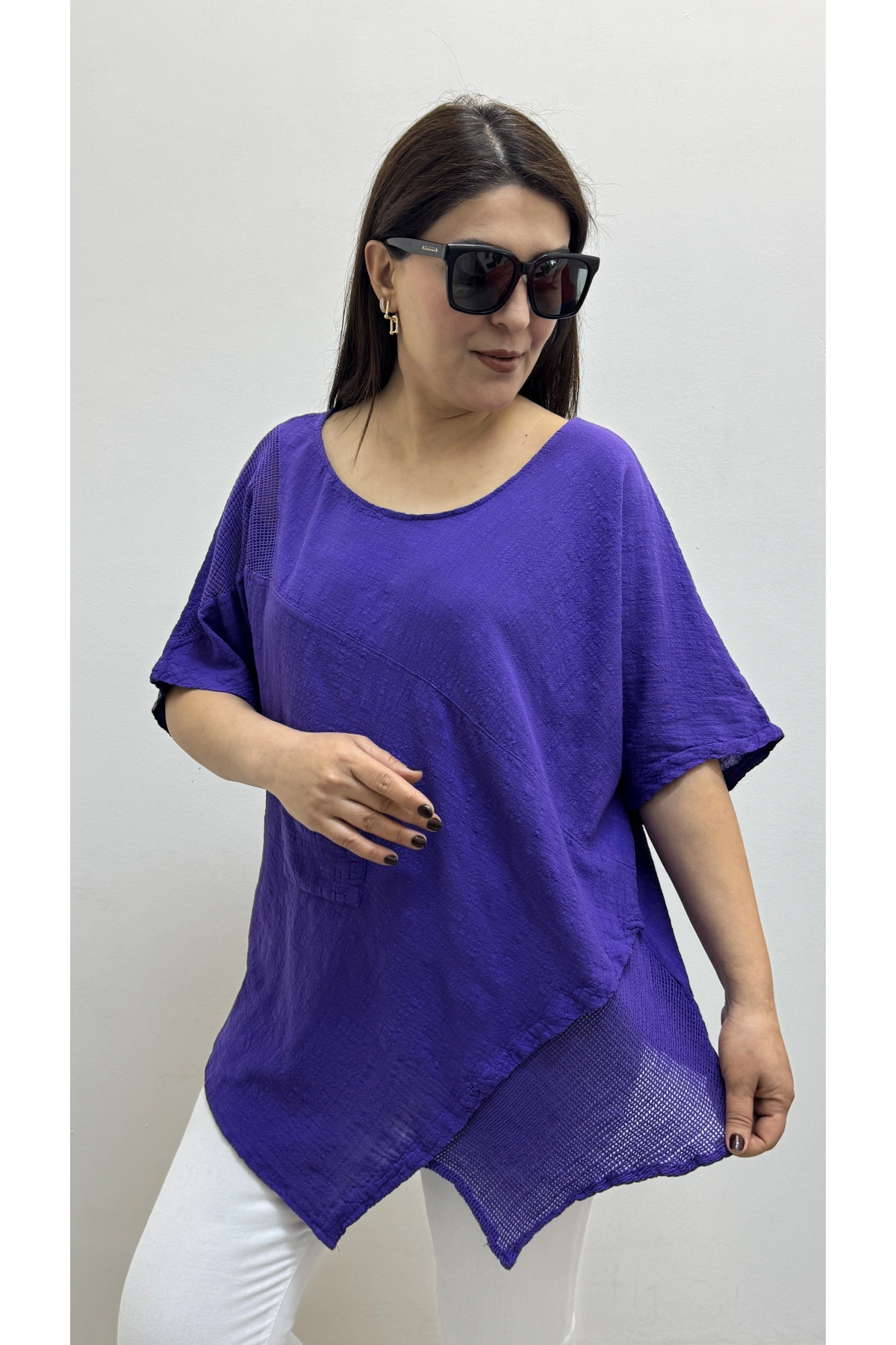 Asimetrik Kesim Mor Renk Pamuklu Bluz