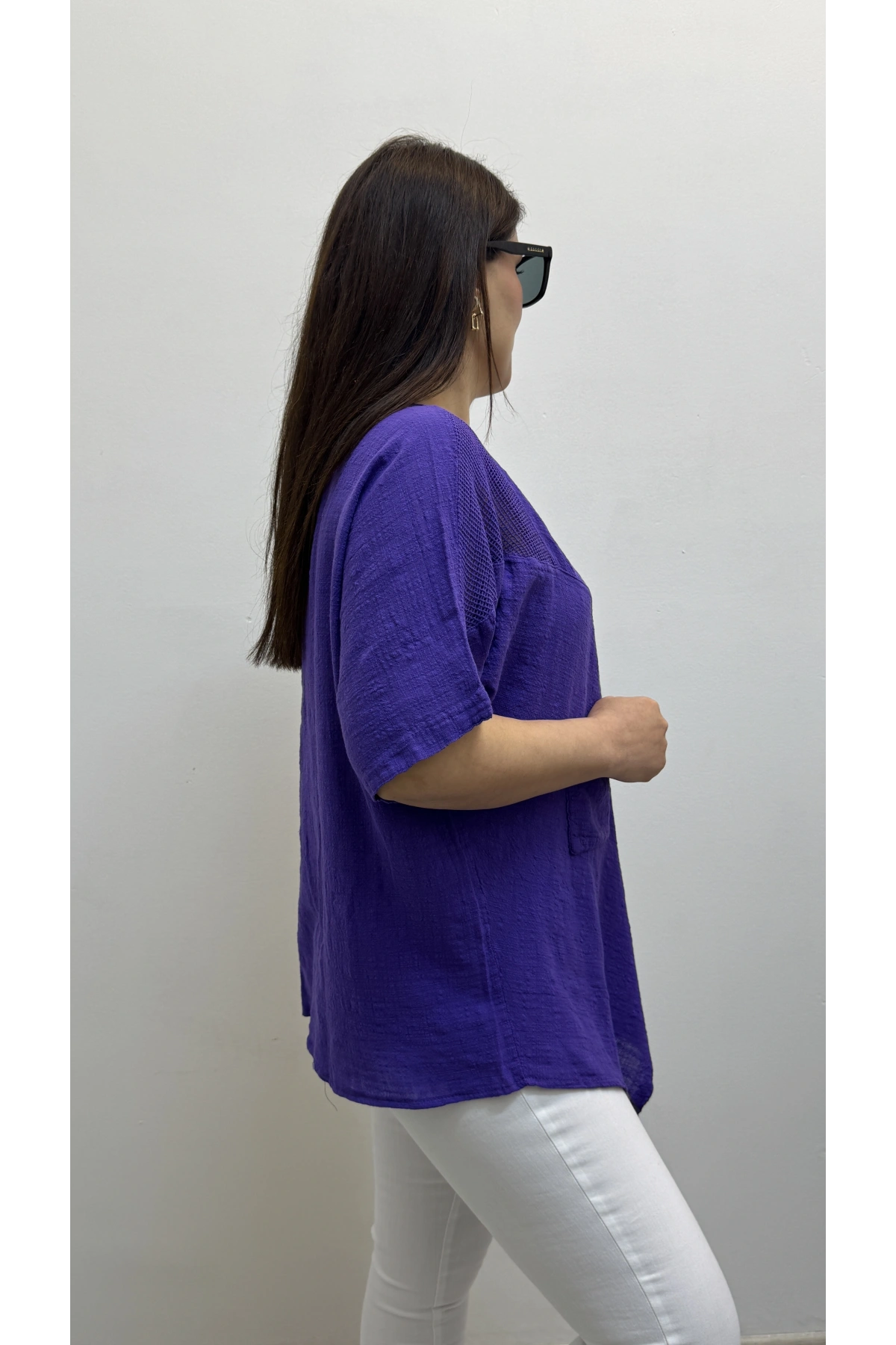Asimetrik Kesim Mor Renk Pamuklu Bluz
