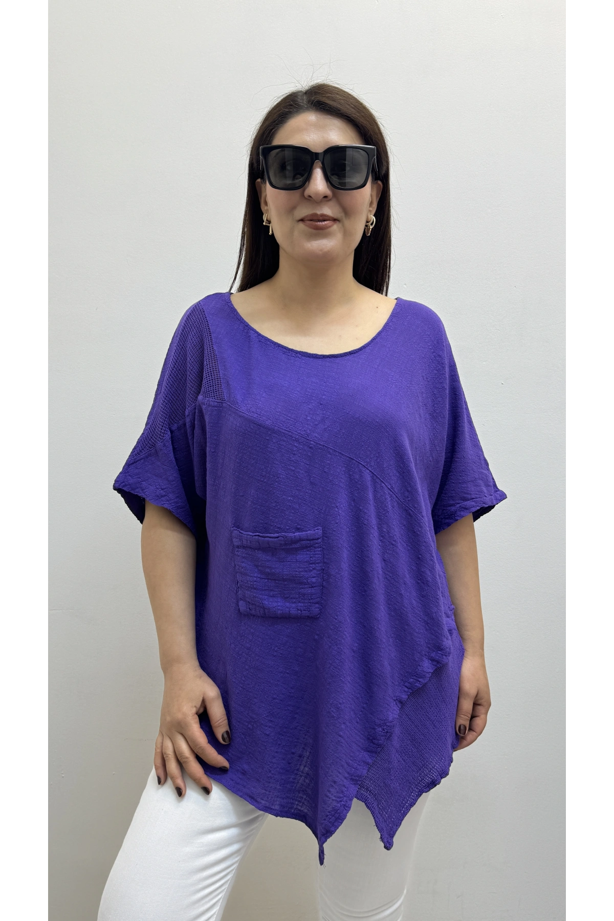 Asimetrik Kesim Mor Renk Pamuklu Bluz