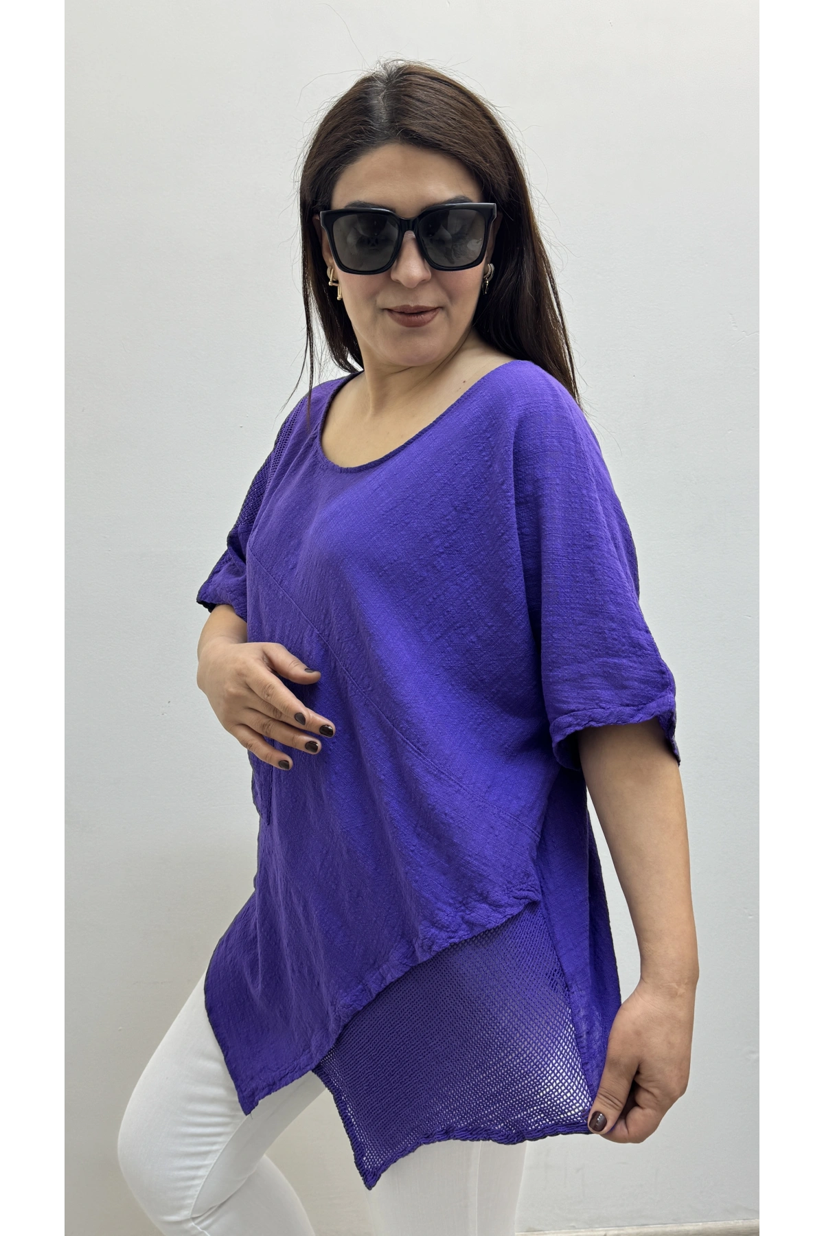 Asimetrik Kesim Mor Renk Pamuklu Bluz