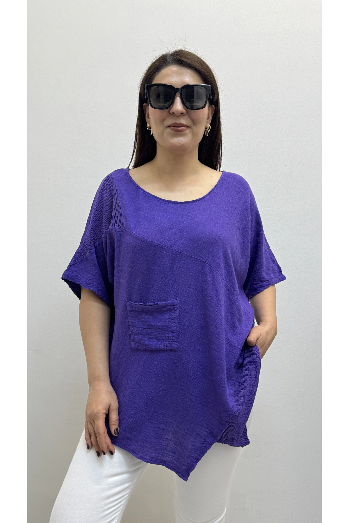 Asimetrik Kesim Mor Renk Pamuklu Bluz