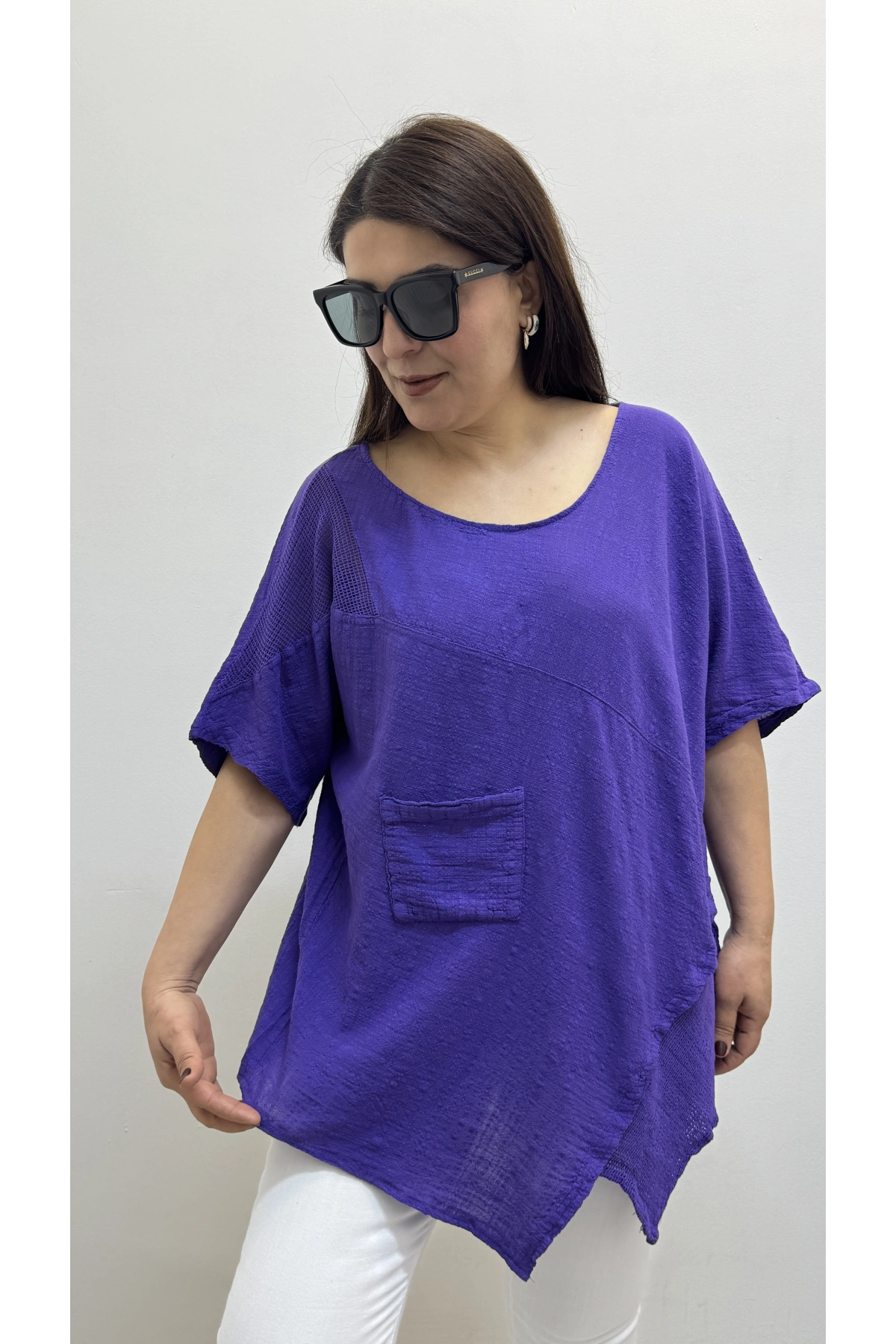 Asimetrik Kesim Mor Renk Pamuklu Bluz