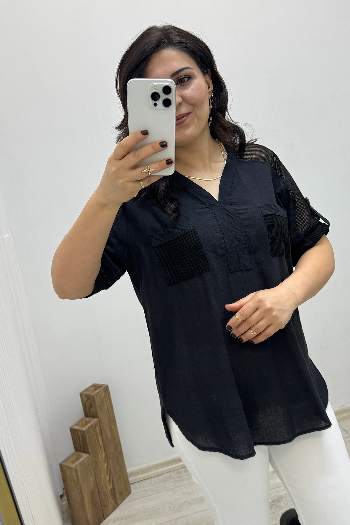 Dirsek Kol File Detaylı Siyah Pamuklu Bluz