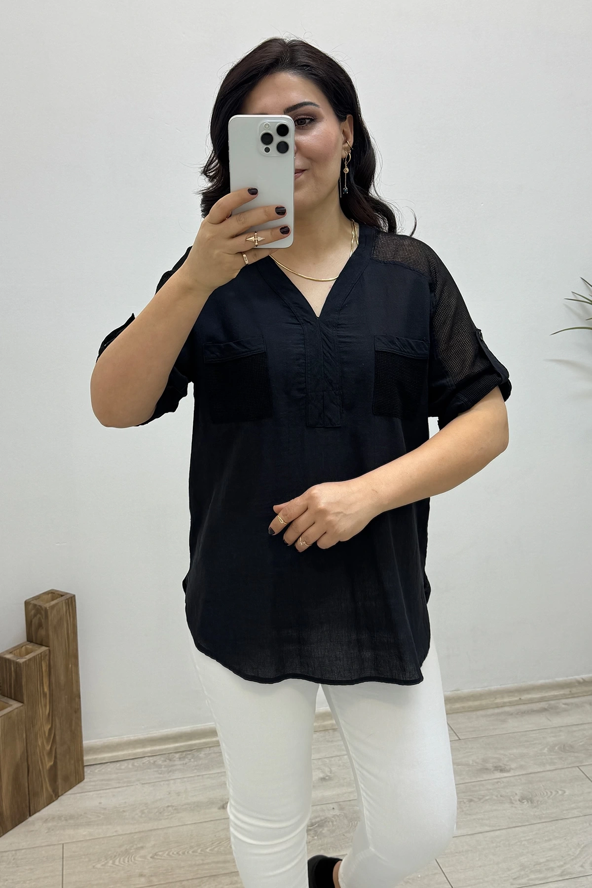 Dirsek Kol File Detaylı Siyah Pamuklu Bluz