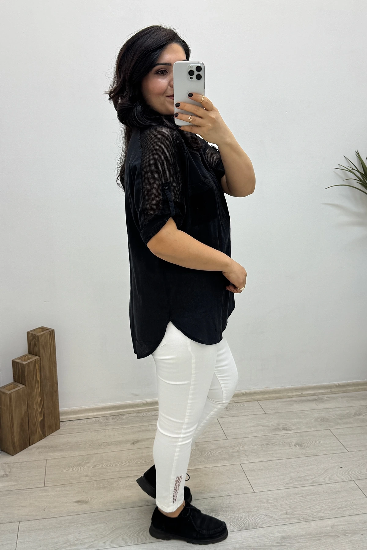 Dirsek Kol File Detaylı Siyah Pamuklu Bluz