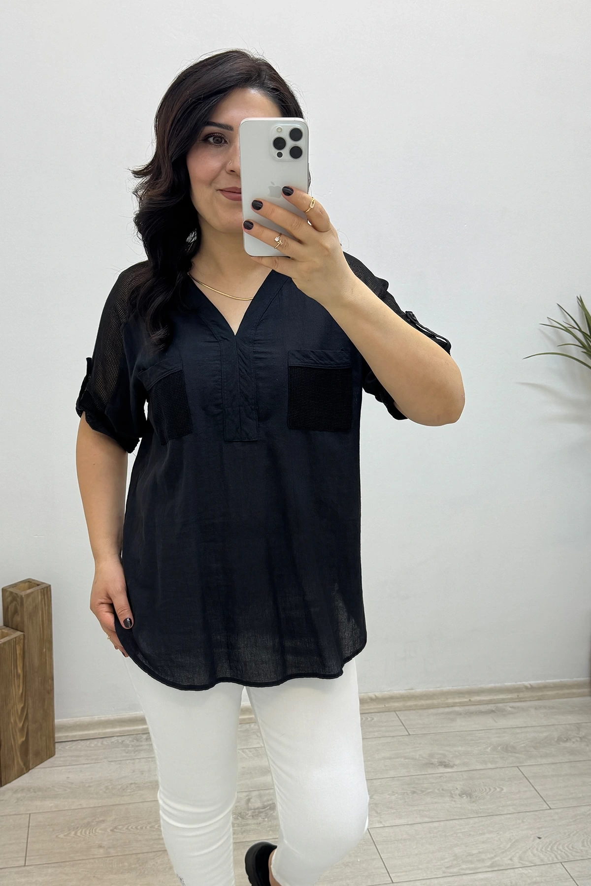 Dirsek Kol File Detaylı Siyah Pamuklu Bluz