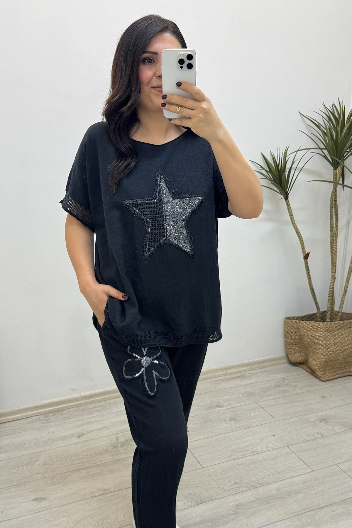 File Detaylı Siyah Keten Takım