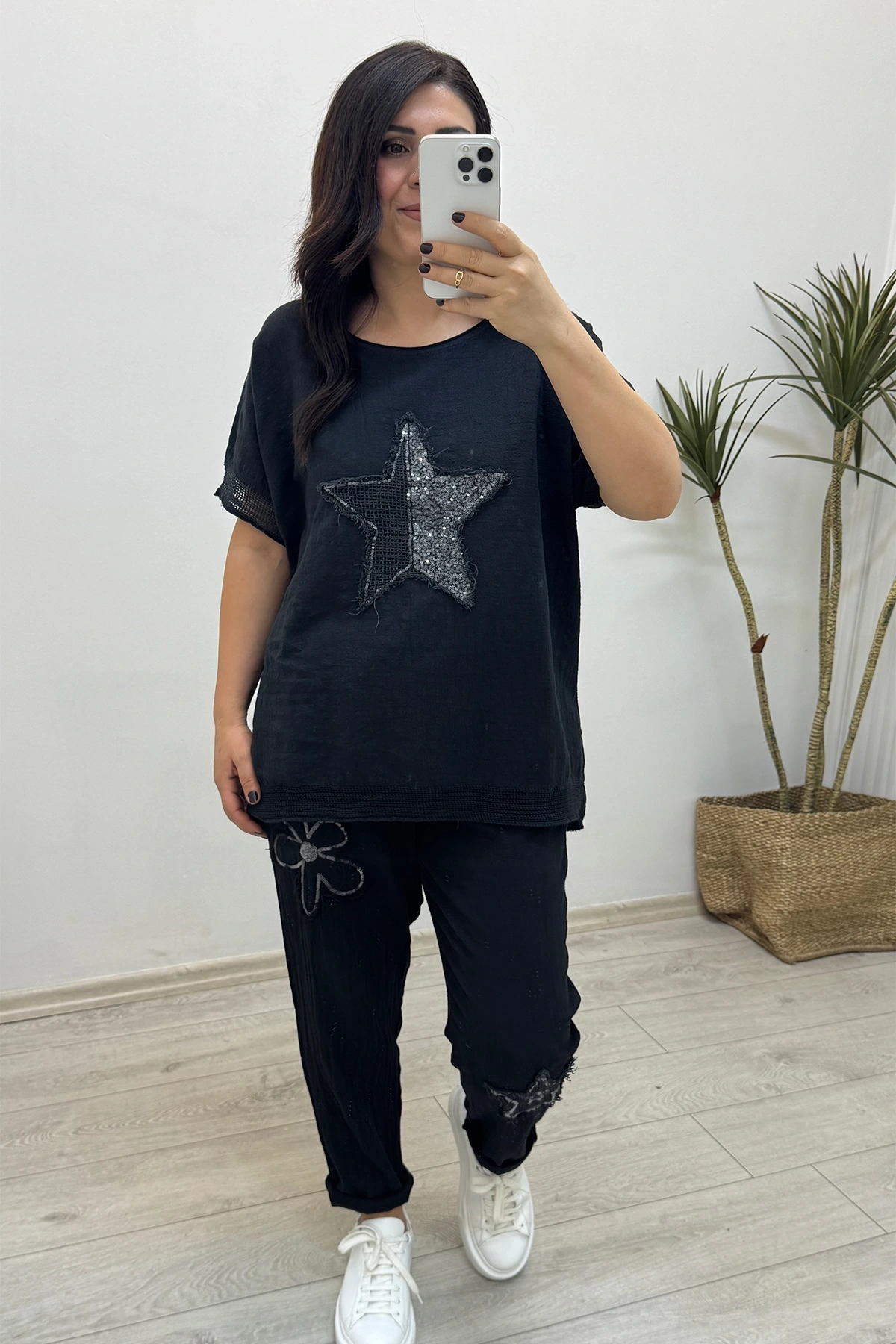 File Detaylı Siyah Keten Takım