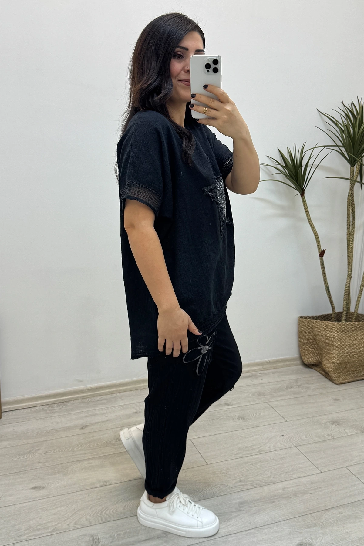 File Detaylı Siyah Keten Takım