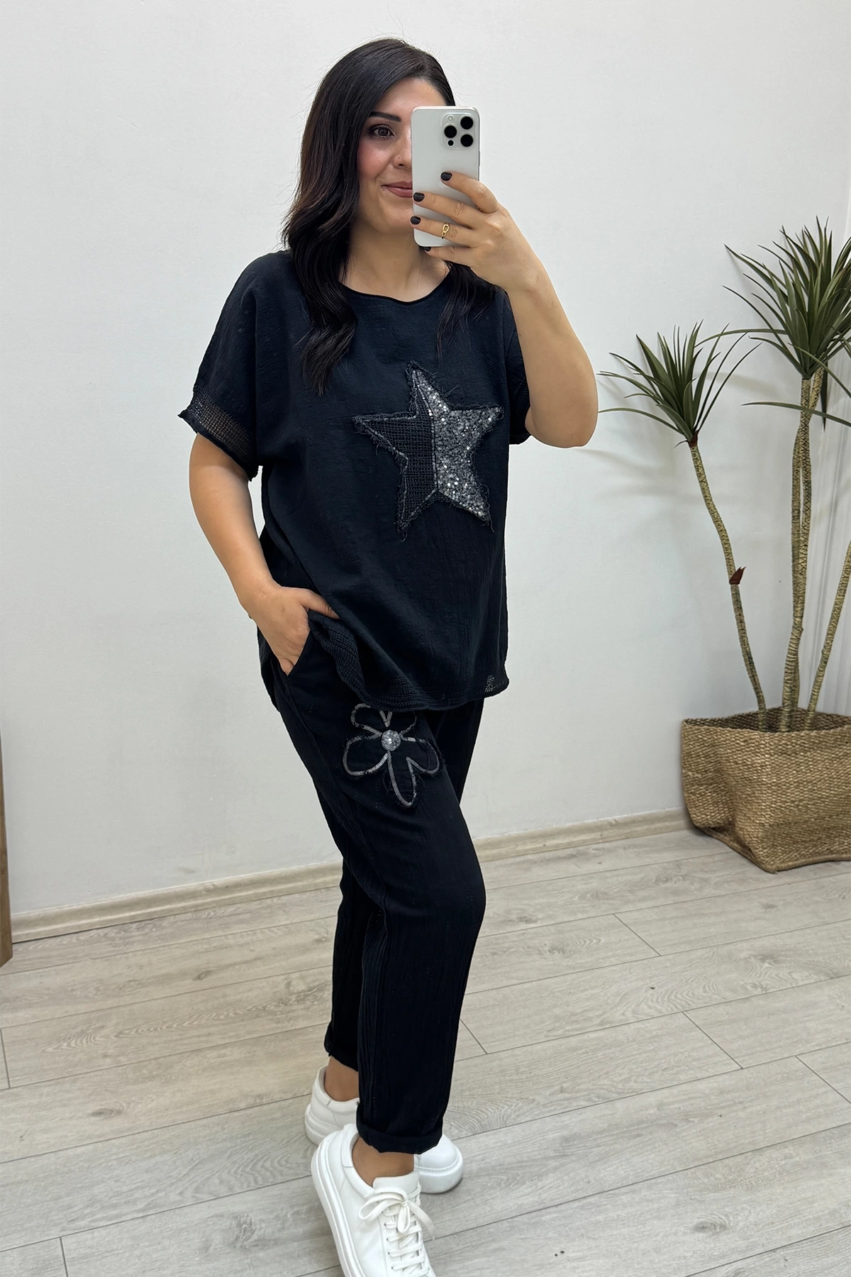 File Detaylı Siyah Keten Takım