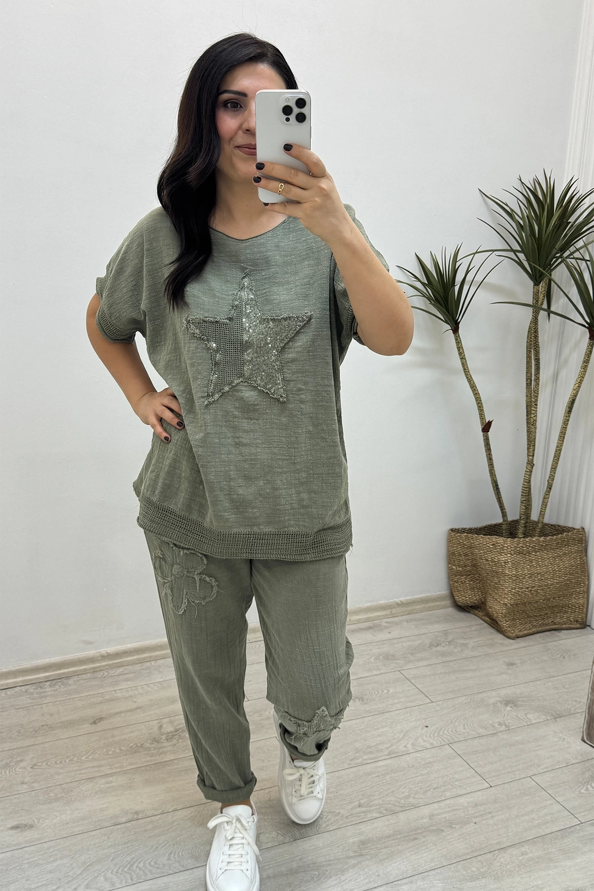 File Detaylı Yeşil Keten Takım