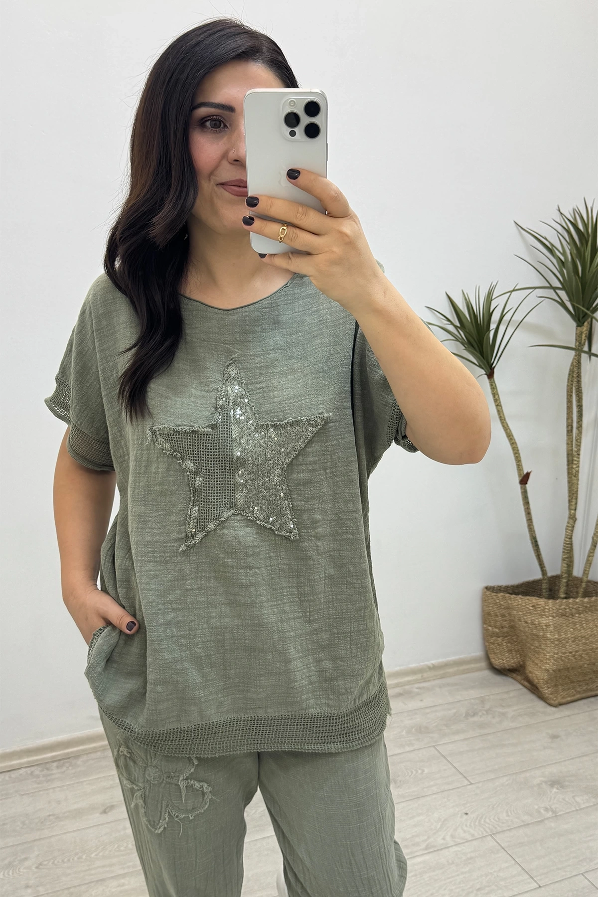 File Detaylı Yeşil Keten Takım