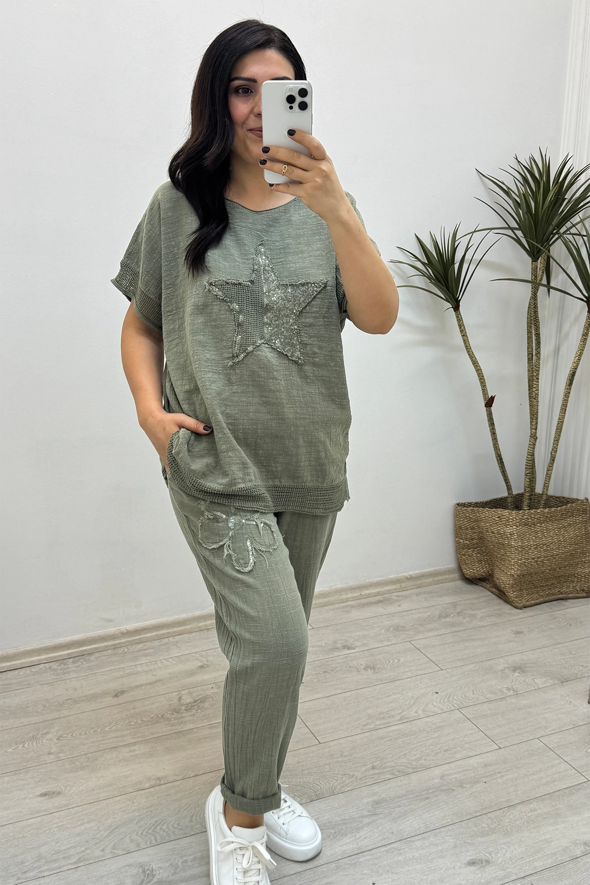 File Detaylı Yeşil Keten Takım