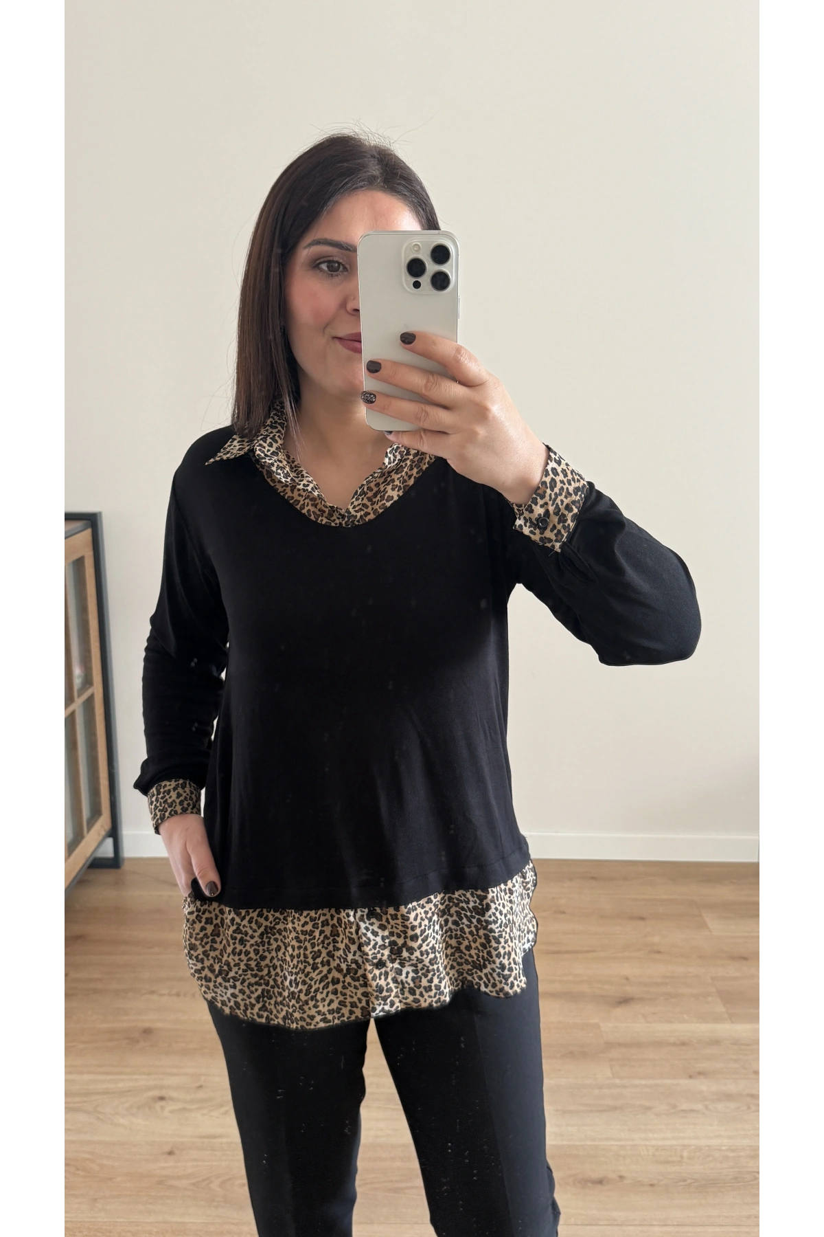 Gömlek Yaka Leopar Desenli Şifon Bluz