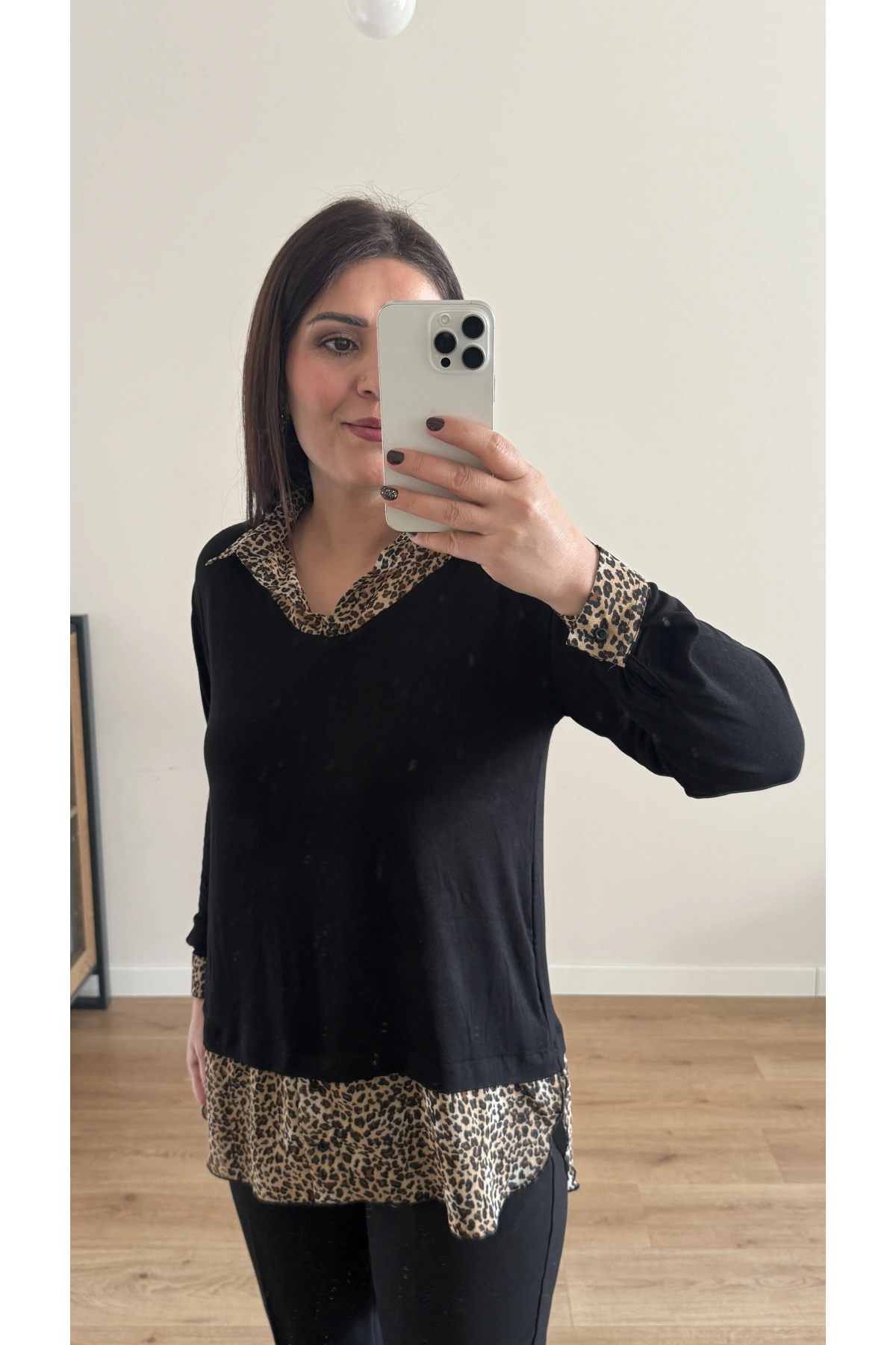 Gömlek Yaka Leopar Desenli Şifon Bluz