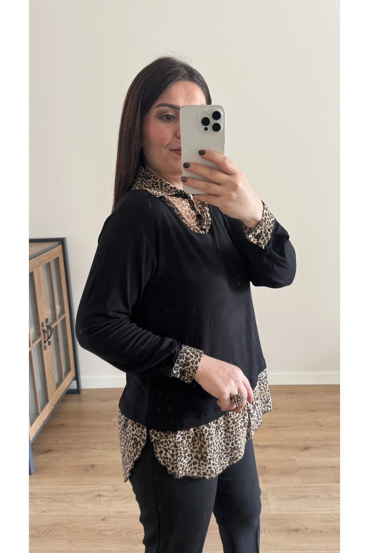 Gömlek Yaka Leopar Desenli Şifon Bluz