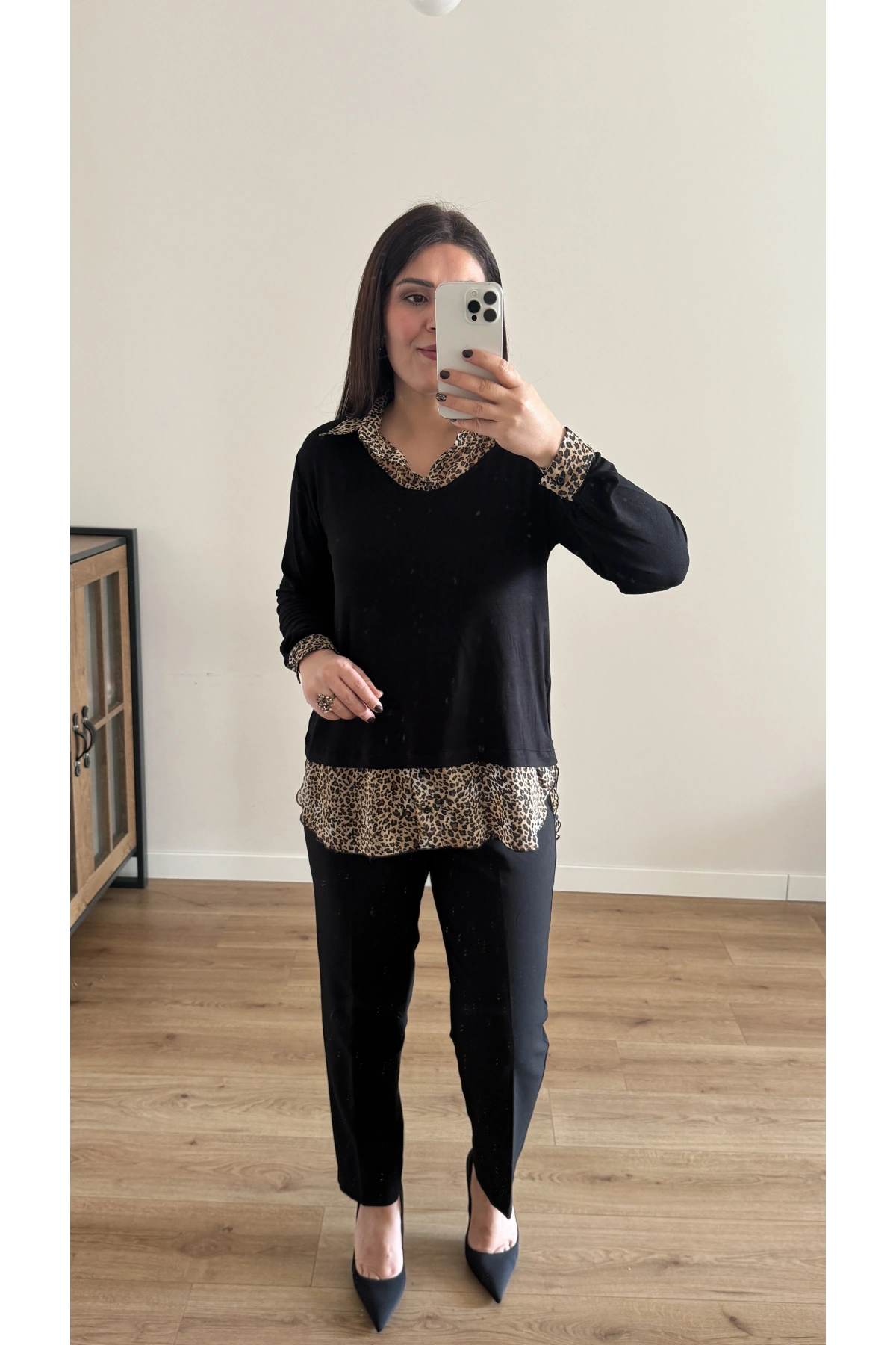 Gömlek Yaka Leopar Desenli Şifon Bluz