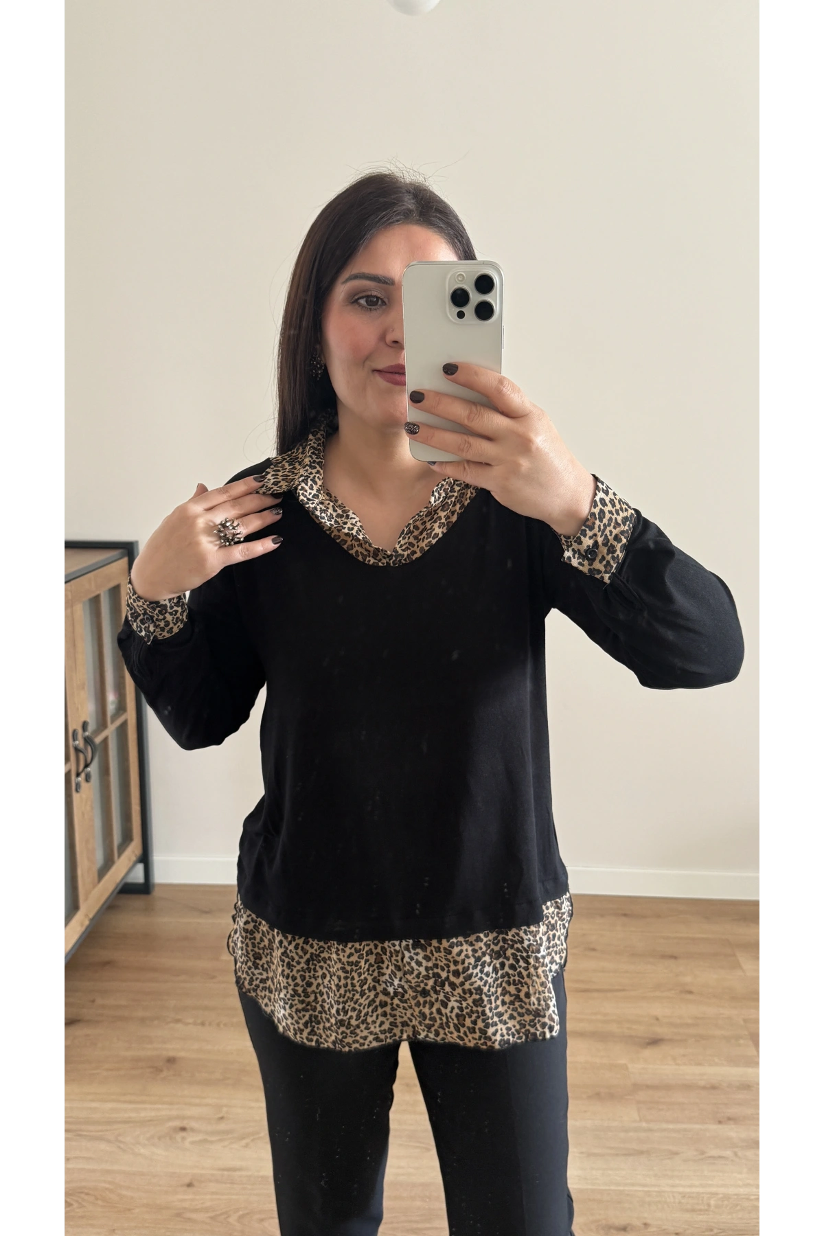 Gömlek Yaka Leopar Desenli Şifon Bluz