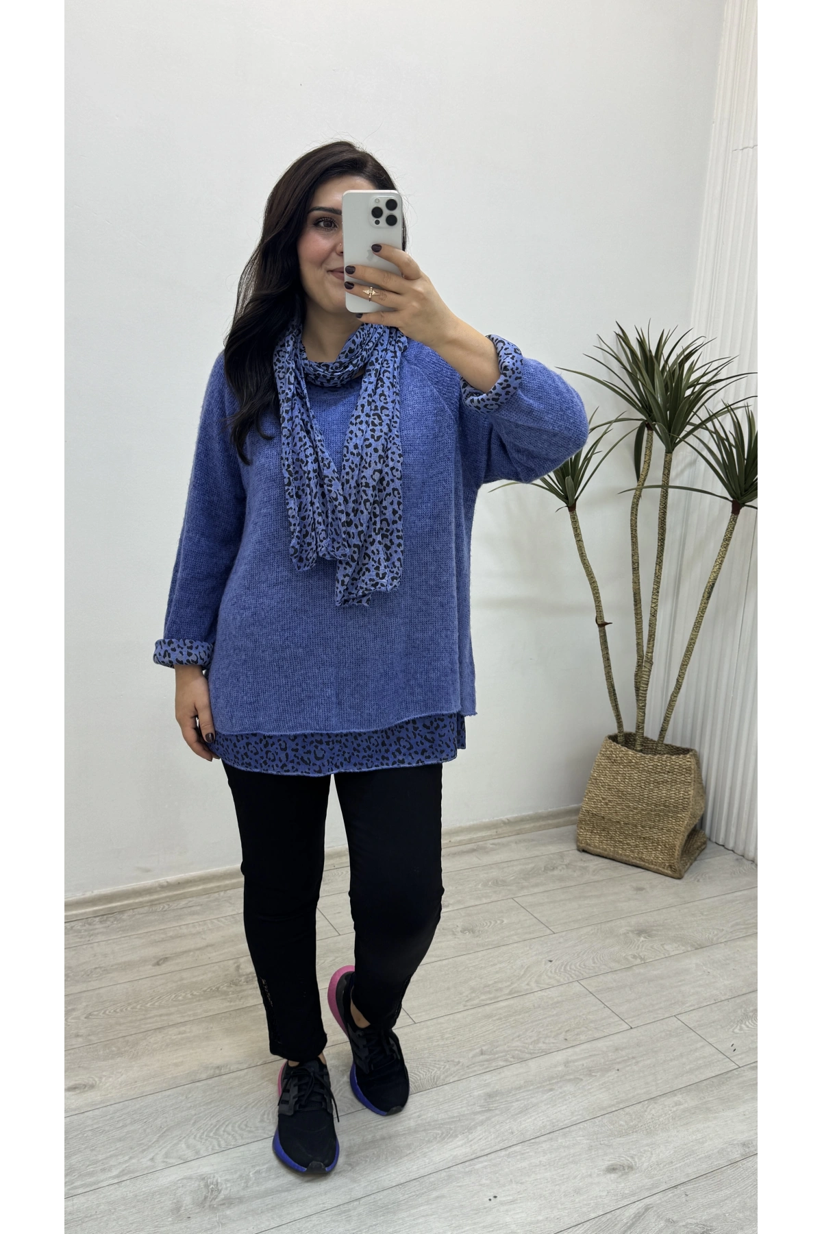 İthal Fularlı İndigo Mavi İkili Takım