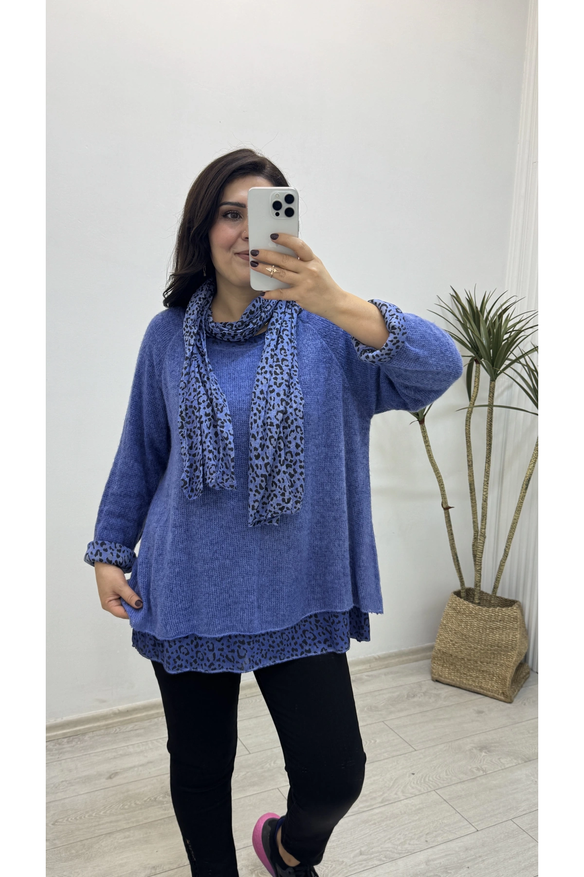 İthal Fularlı İndigo Mavi İkili Takım