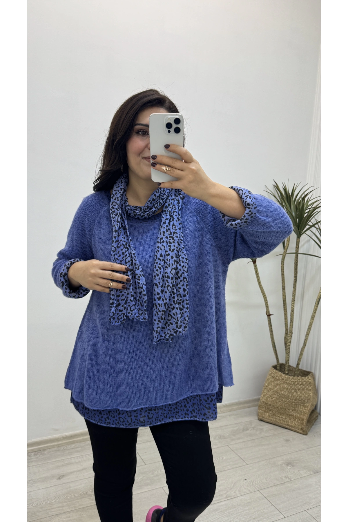 İthal Fularlı İndigo Mavi İkili Takım