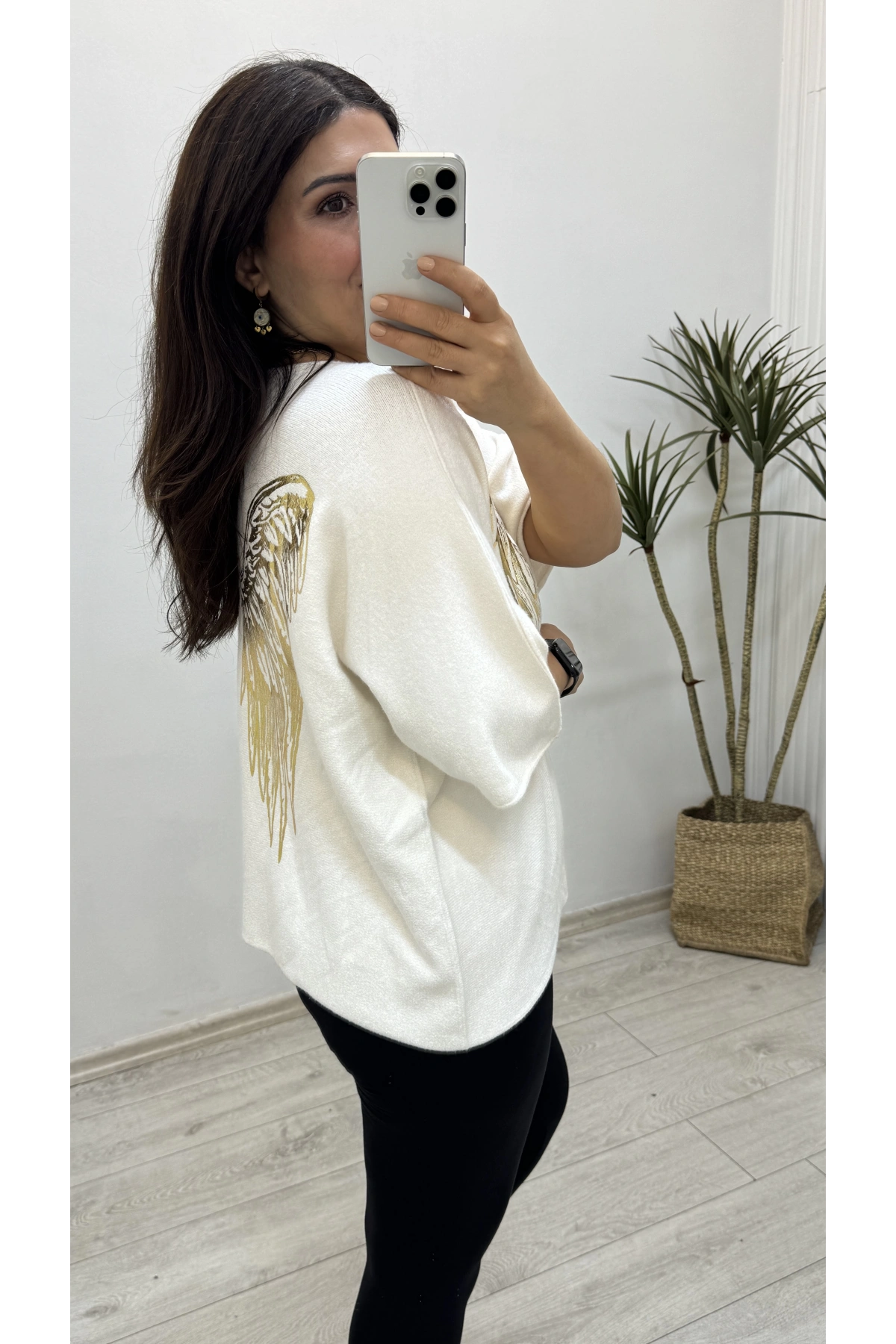 İthal Melek Kanadı Baskılı Dirsek Kol Beyaz Bluz