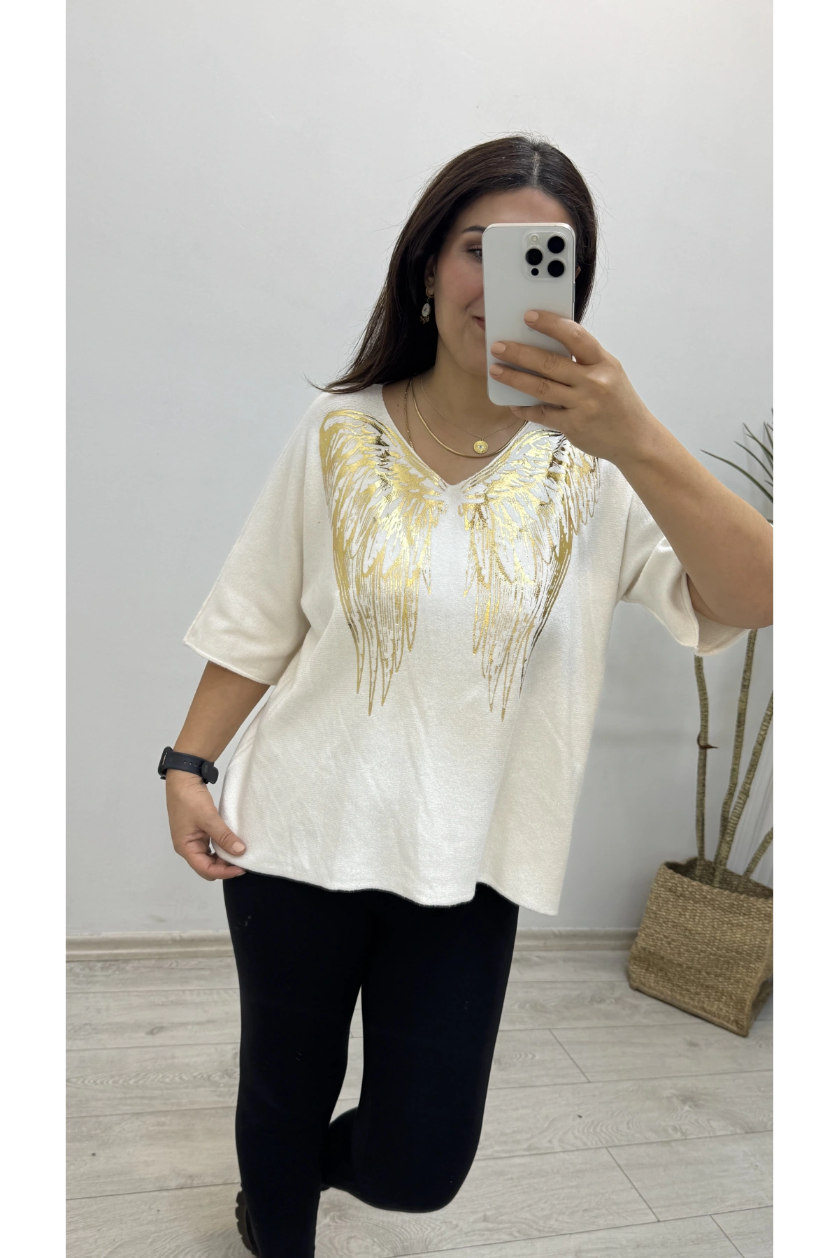 İthal Melek Kanadı Baskılı Dirsek Kol Beyaz Bluz