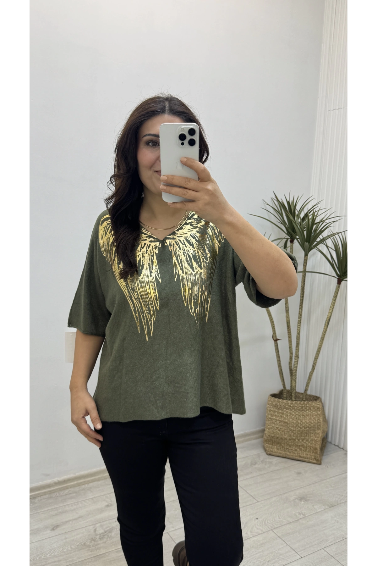 İthal Melek Kanadı Baskılı Dirsek Kol Hakiyeşil Kazak