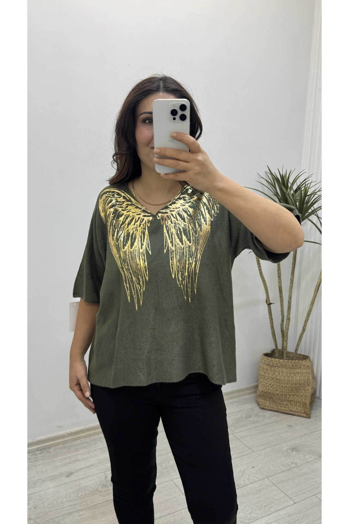 İthal Melek Kanadı Baskılı Dirsek Kol Hakiyeşil Kazak