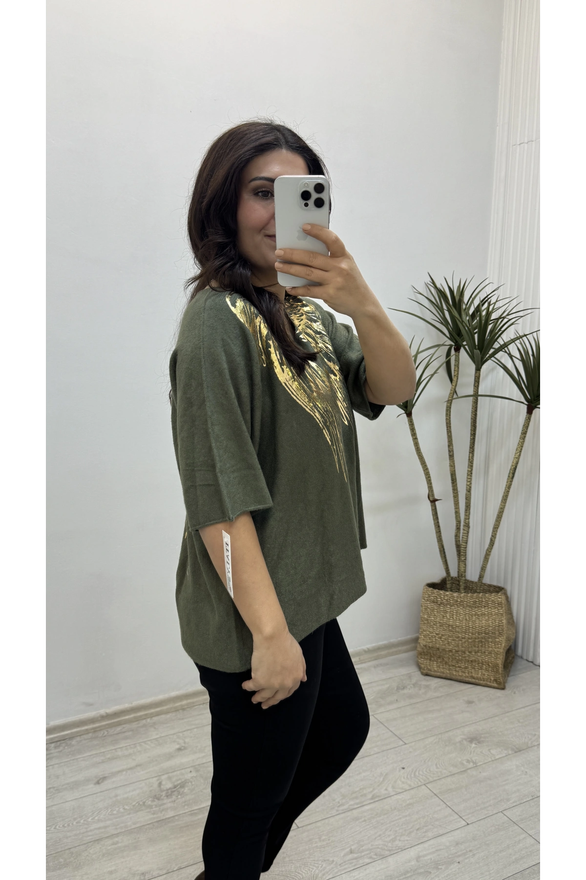 İthal Melek Kanadı Baskılı Dirsek Kol Hakiyeşil Kazak