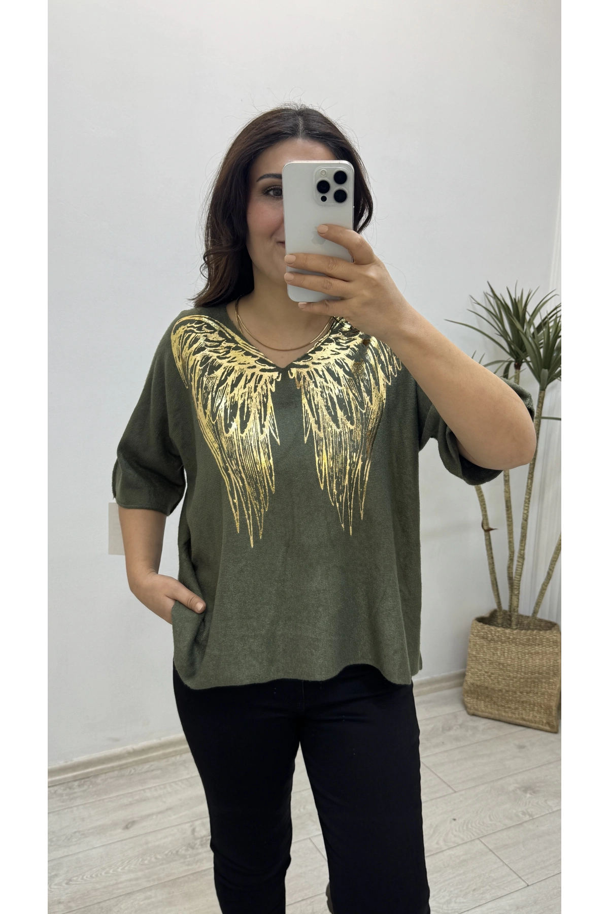 İthal Melek Kanadı Baskılı Dirsek Kol Hakiyeşil Kazak