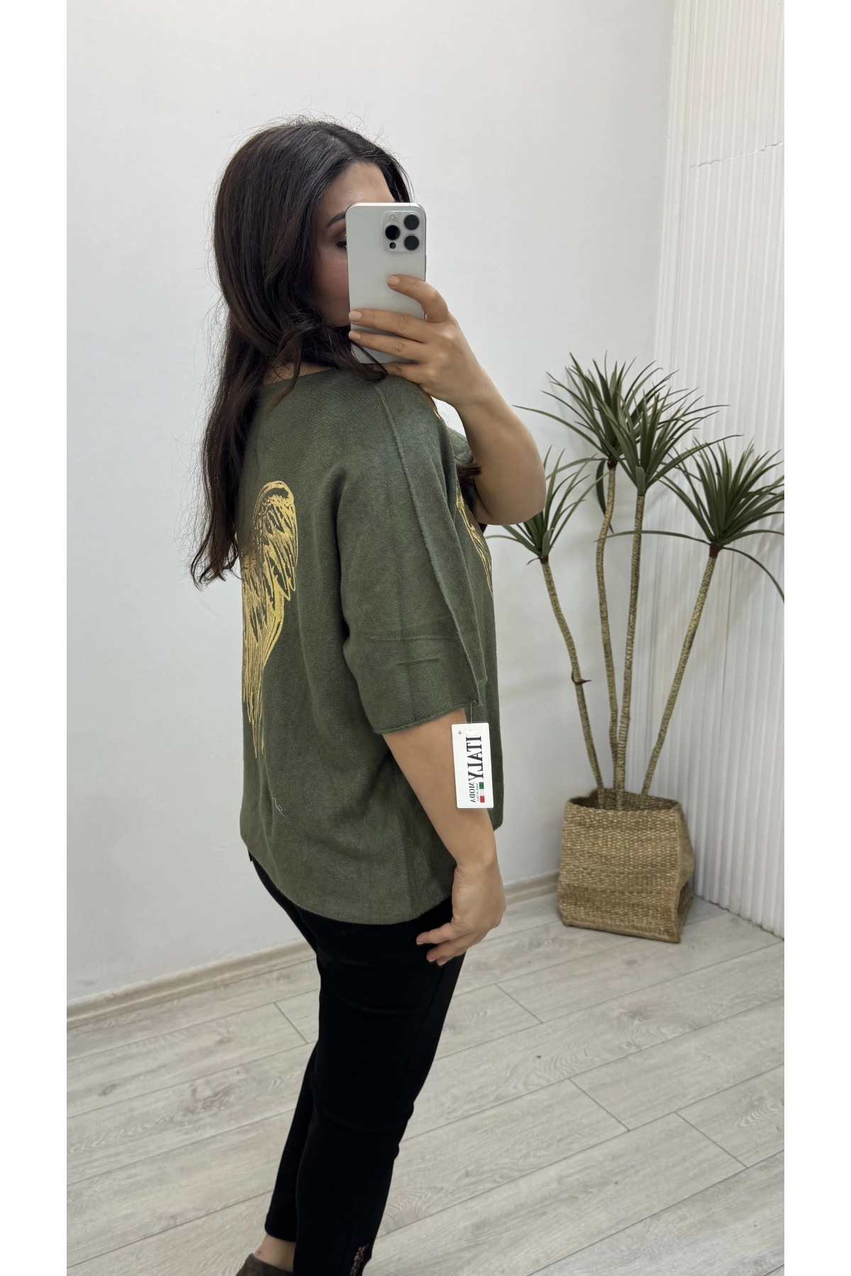 İthal Melek Kanadı Baskılı Dirsek Kol Hakiyeşil Kazak