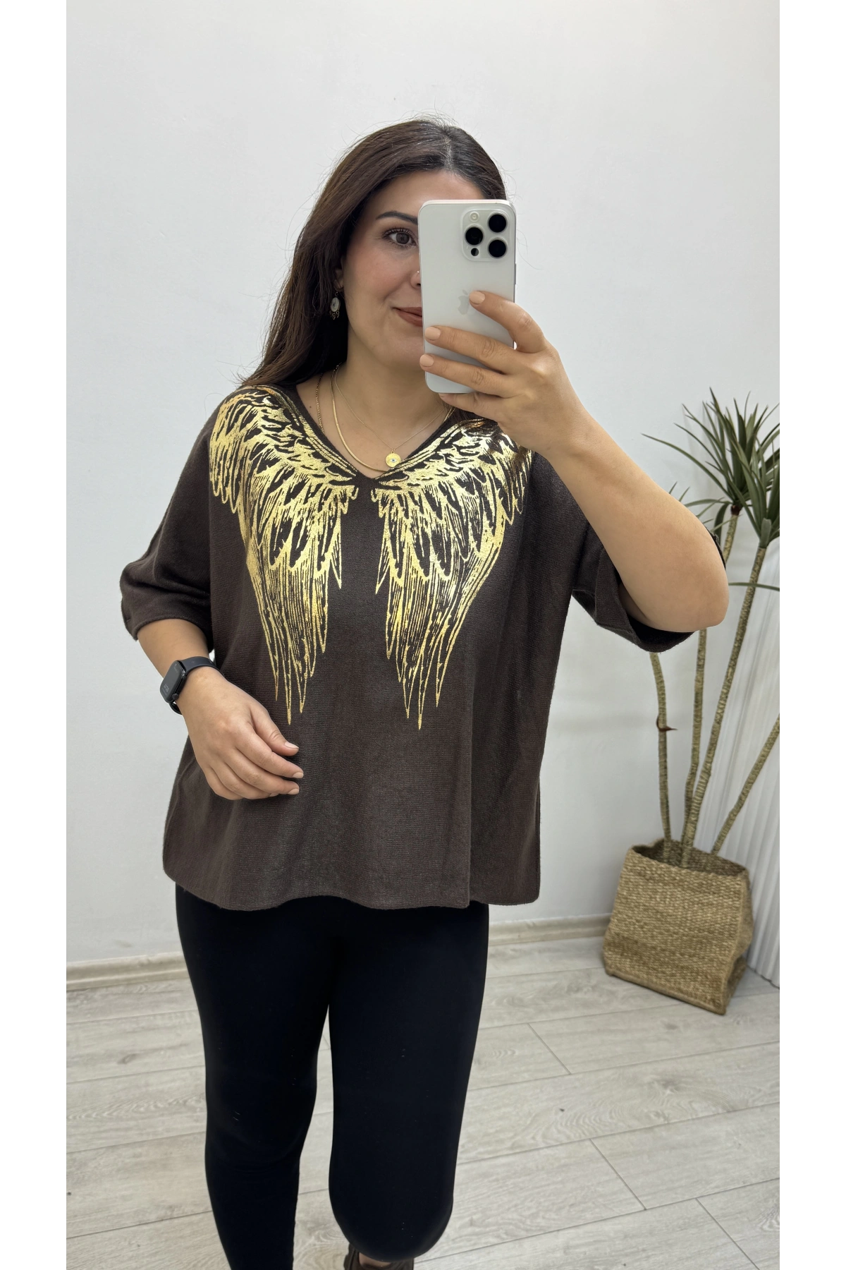 İthal Melek Kanadı Baskılı Dirsek Kol Acıkahve Kazak