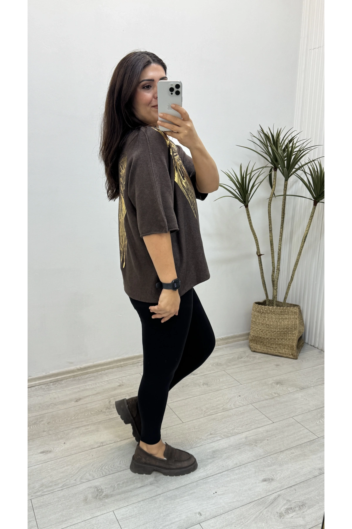 İthal Melek Kanadı Baskılı Dirsek Kol Acıkahve Kazak