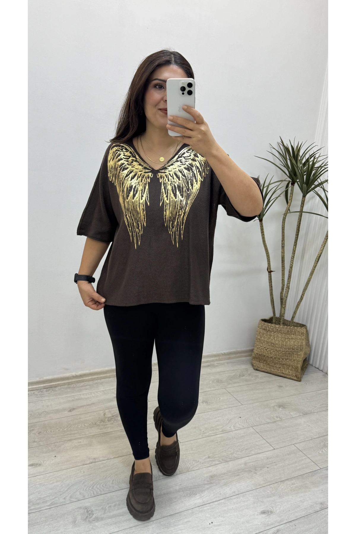 İthal Melek Kanadı Baskılı Dirsek Kol Acıkahve Kazak