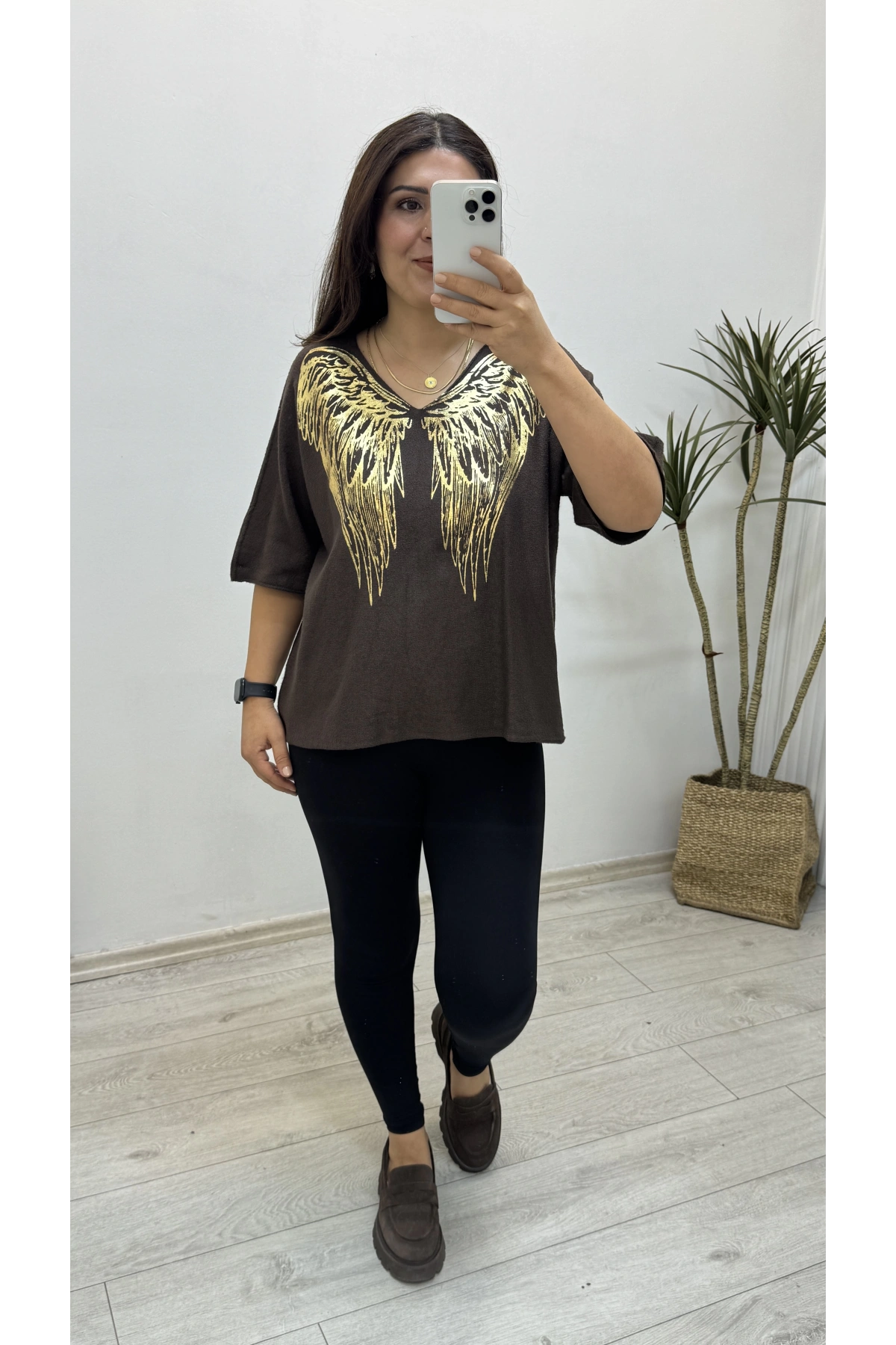 İthal Melek Kanadı Baskılı Dirsek Kol Acıkahve Kazak